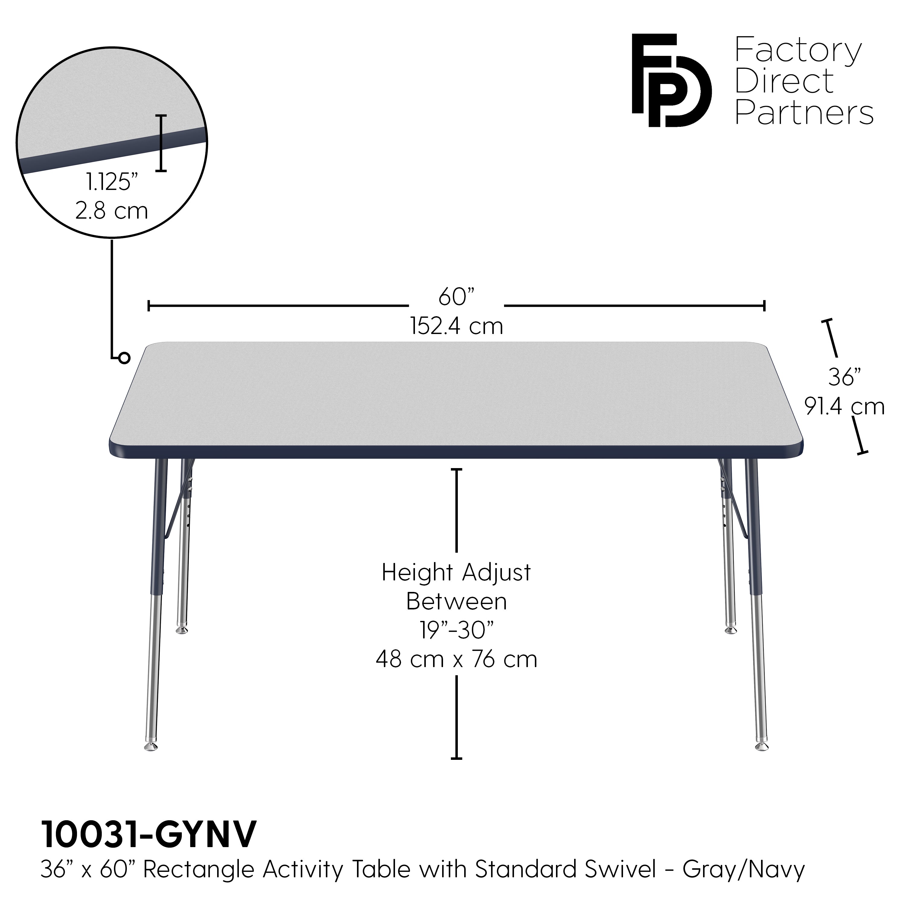36" x 60" Rectangle T-Molding Activity Table with Adjustable Standard Swivel Glide Legs - Gray/Navy