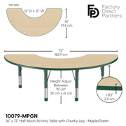 36" x 72" Half Moon T-Molding Activity Table with Adjustable Chunky Legs - Maple/Green