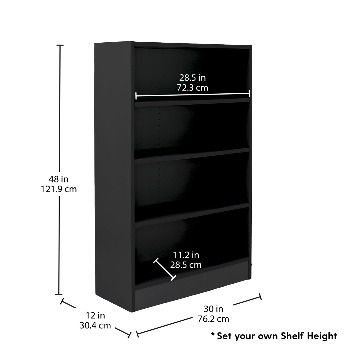 Laminate 4-Shelf Bookcase 48" Height - Black