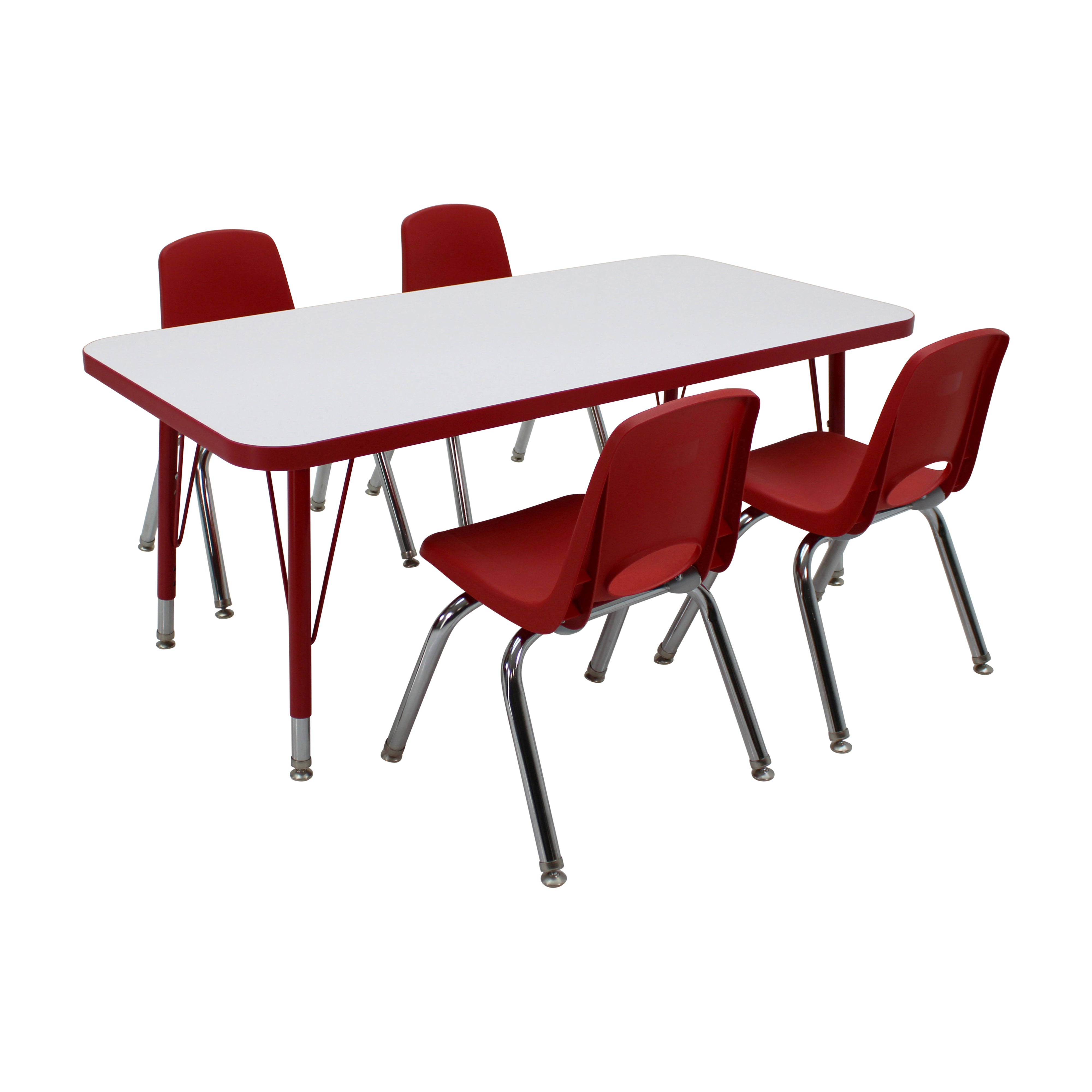 24" x 48" Rectangle Dry-Erase Activity Table with Standard Legs and 12" Stack Chairs with Swivel Glides, 5-Piece Set - Whiteboard/Red