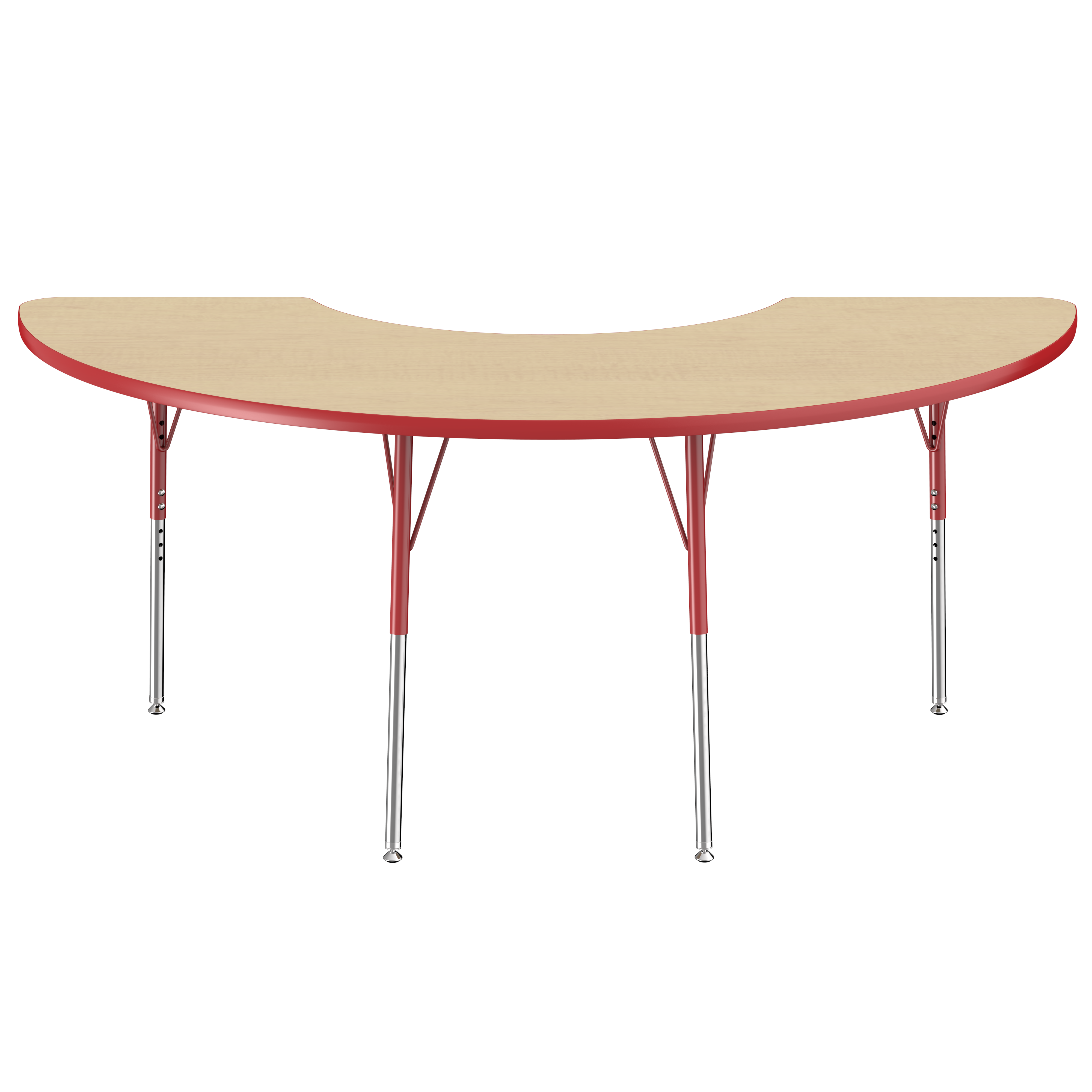 36" x 72" Half Moon T-Molding Activity Table with Adjustable Standard Swivel Glide Legs - Maple/Red