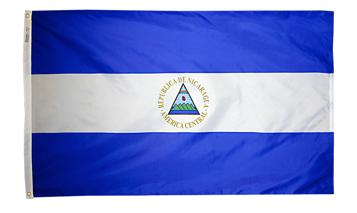 Nicaragua Flag 4x6 ft. Nylon SolarGuard Nyl-Glo 100% Made in USA to Official United Nations Design Specifications.