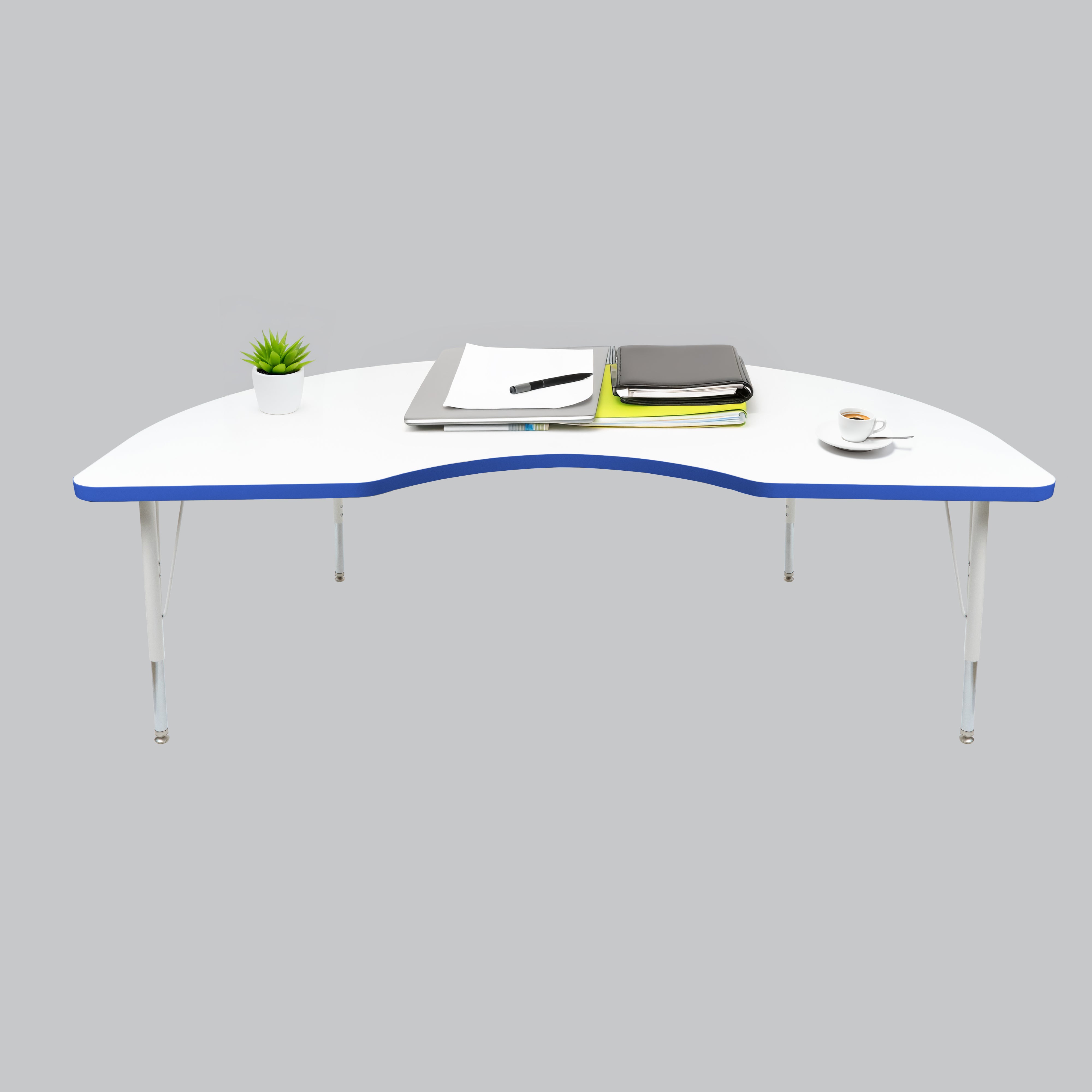 48" x 72" Kidney Thermofused Activity Table with Adjustable Standard Swivel Glide Legs - White/Blue/White