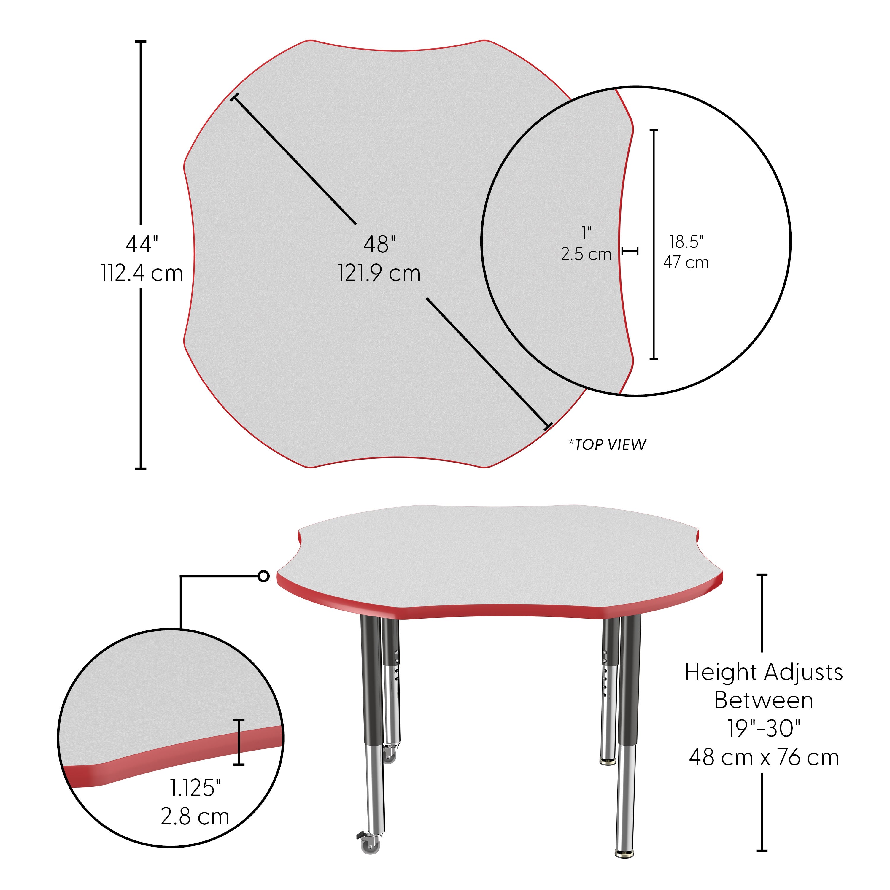 48" x 48" Clover T-Molding Activity Table with Adjustable Super Legs - Gray/Red/Black