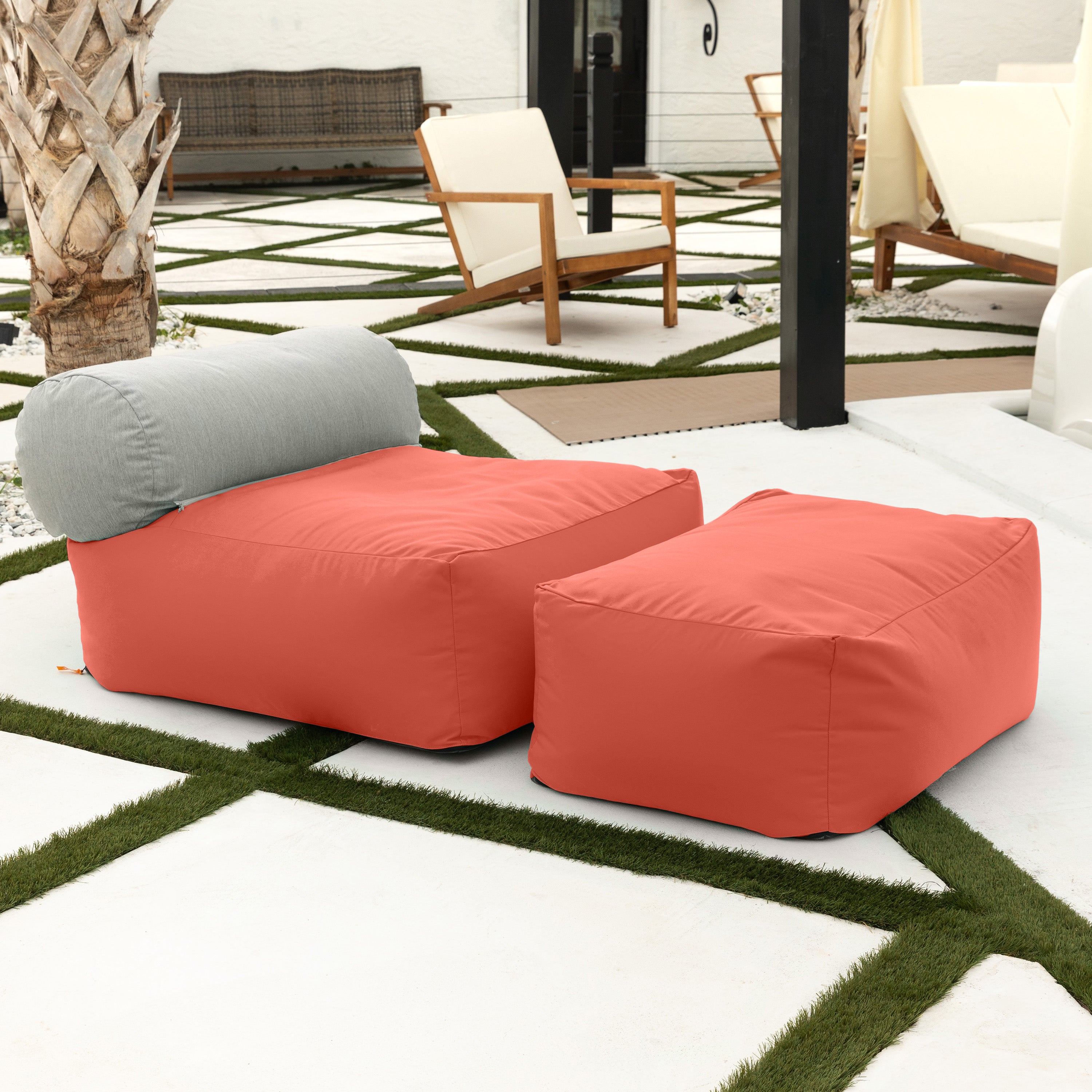 Jaxx Tybee Large Outdoor Lounge w/ Bolster and Ottomanr - Sunbrella Flamingo