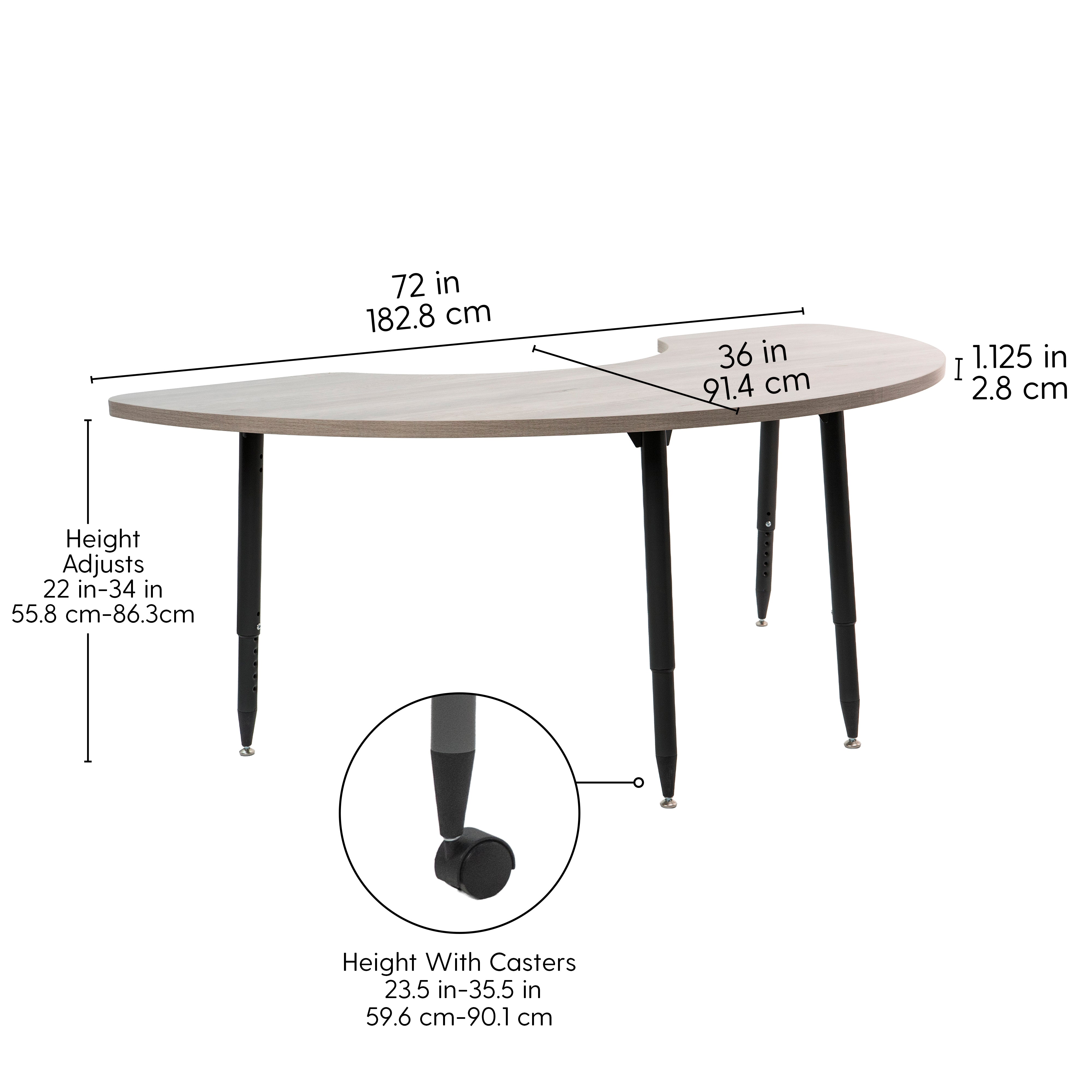 Adapte 36" x 72" Half Moon Woodgrain Activity Table with Adjustable Tapered Legs - Light Gray Wood/Black