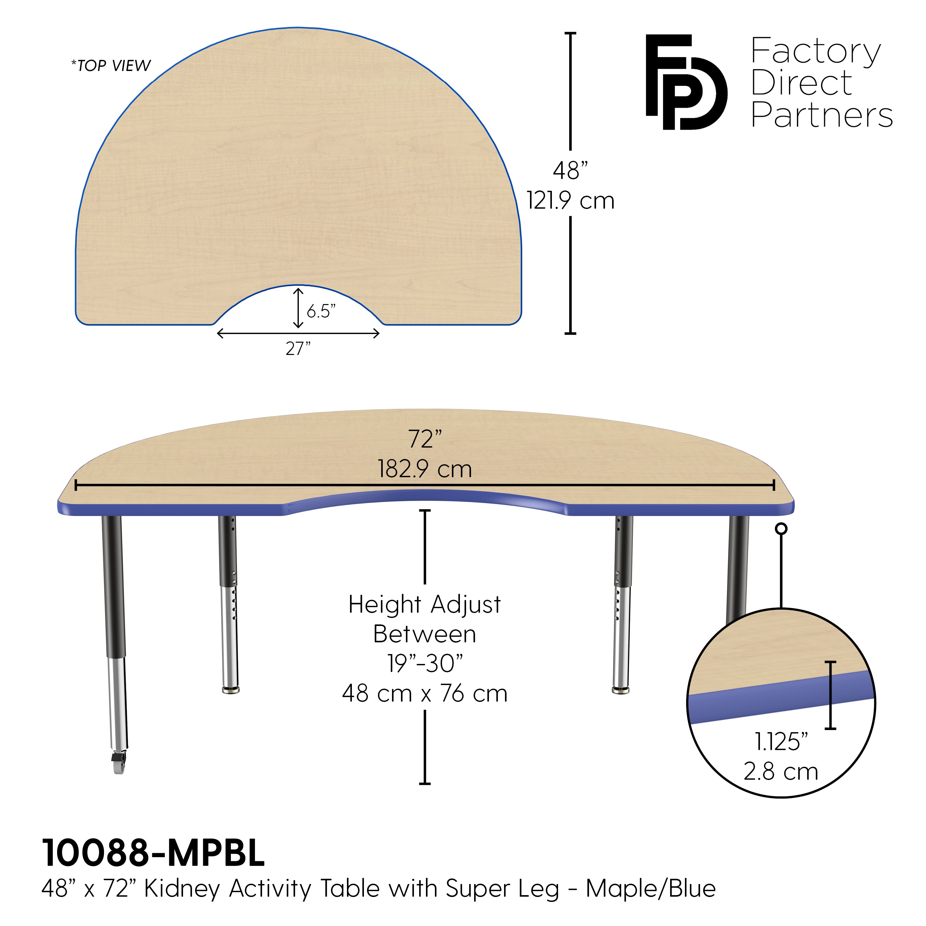 48" x 72" Kidney T-Molding Activity Table with Adjustable Super Legs - Maple/Blue/Black