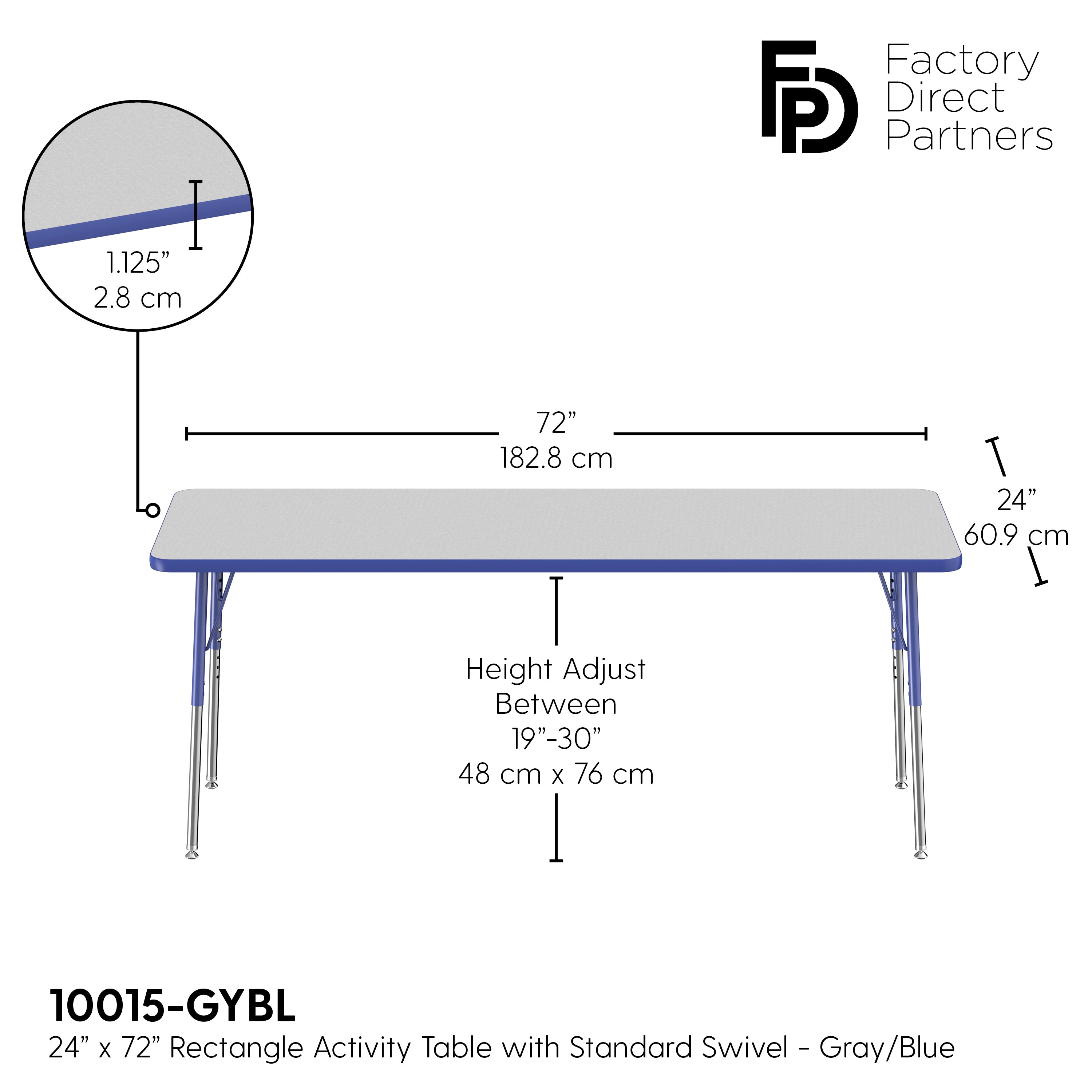 24" x 72" Rectangle T-Molding Activity Table with Adjustable Standard Swivel Glide Legs - Gray/Blue