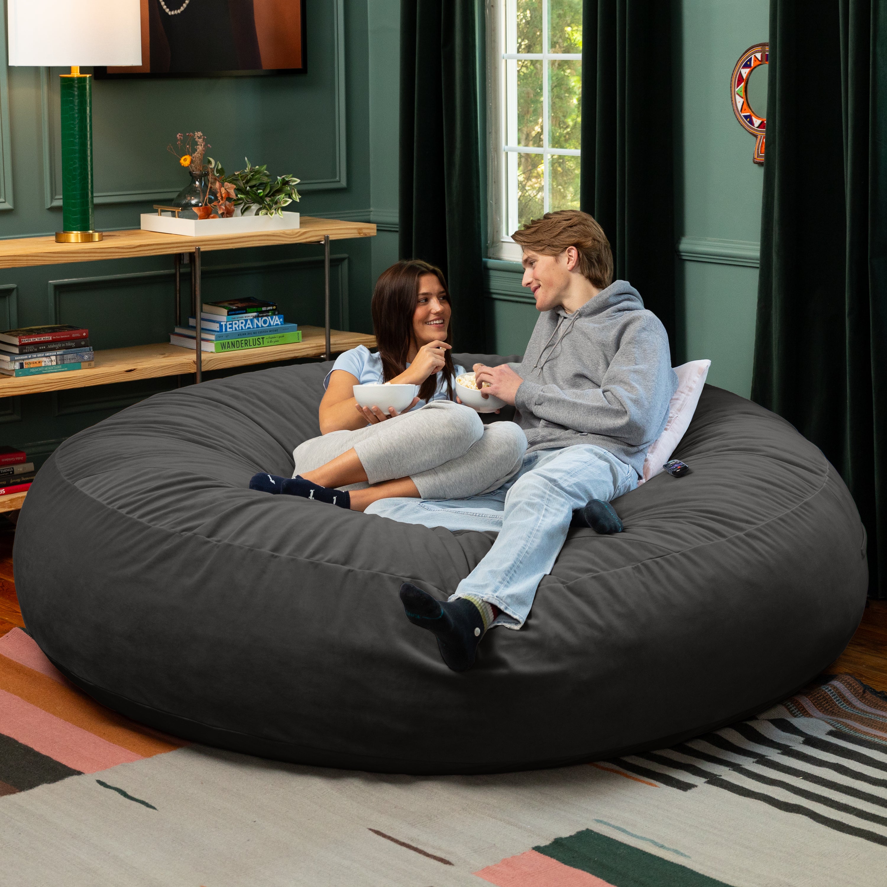 Jaxx 7 Foot Cocoon - 2-in-1 Convertible Bean Bag Bed & Large Bean Bag Chair for Adults, Lush Velvet Black