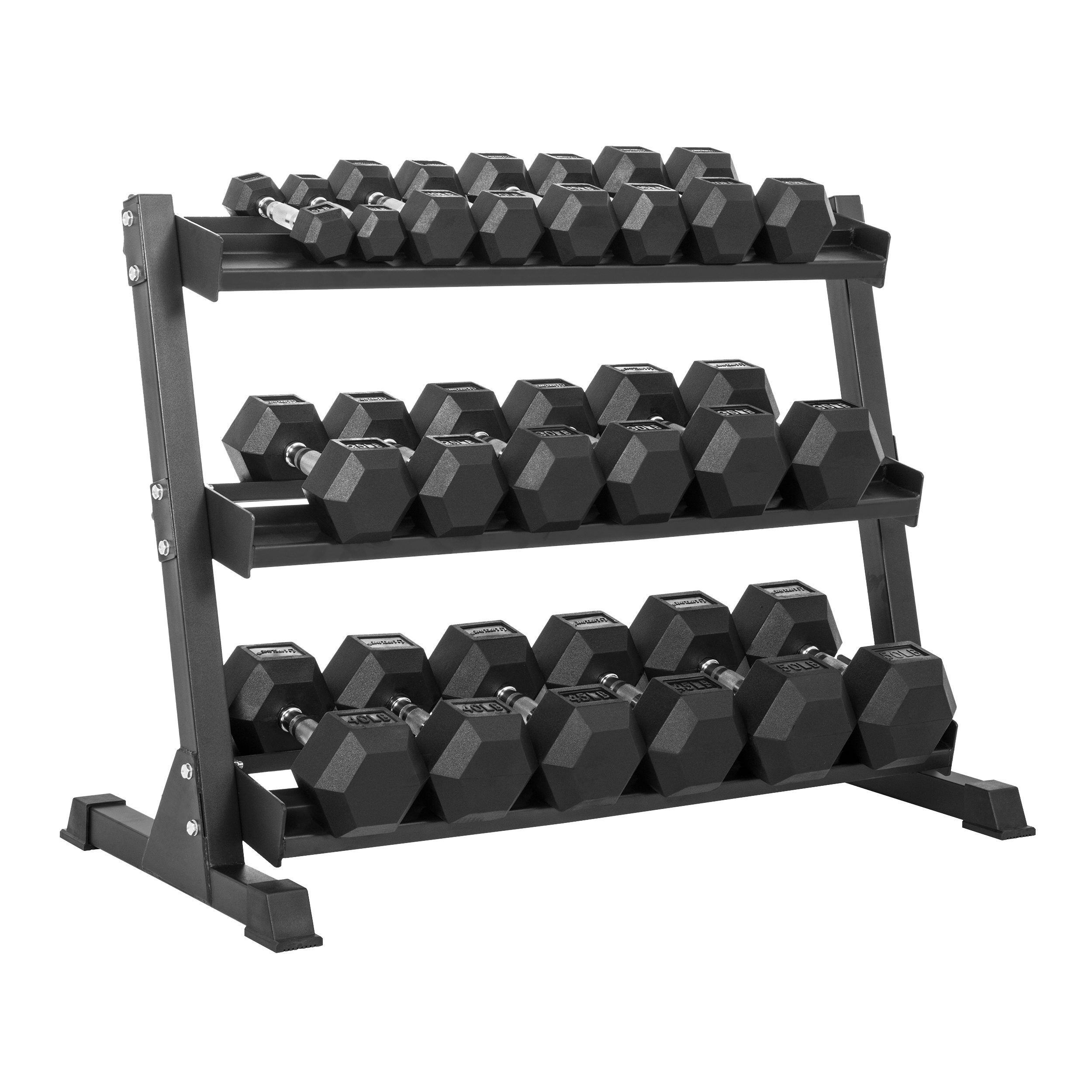 Lifeline 5Lb-50Lb (550Lb) Hex Rubber Dumbbell Set W/ 3 Tier Rack: 5Lb, 10Lb, 15Lb, 20Lb, 25Lb, 30Lb, 35Lb, 40Lb, 45Lb, 50Lb Set