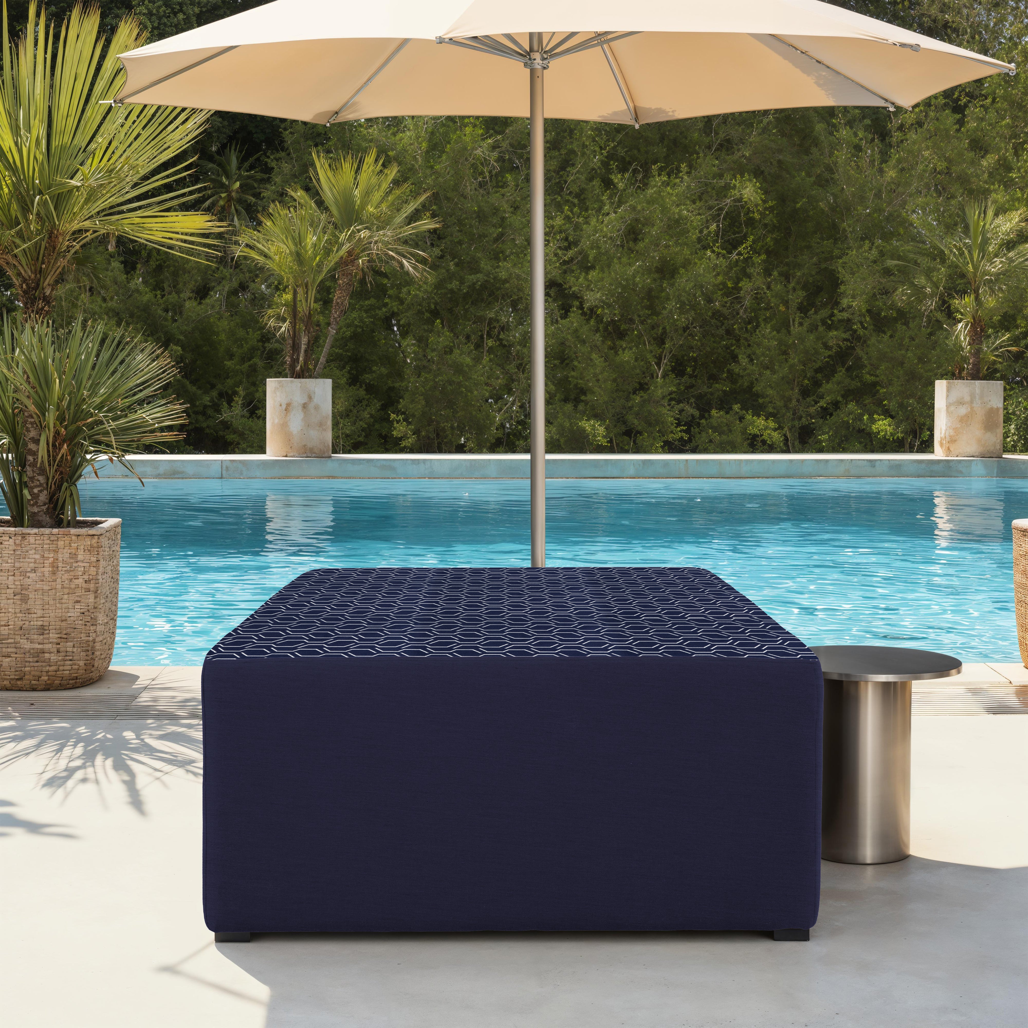 Outdoor 36" Square Ottoman with Sunbrella, 18" H - Adaptation Indigo/Canvas Navy