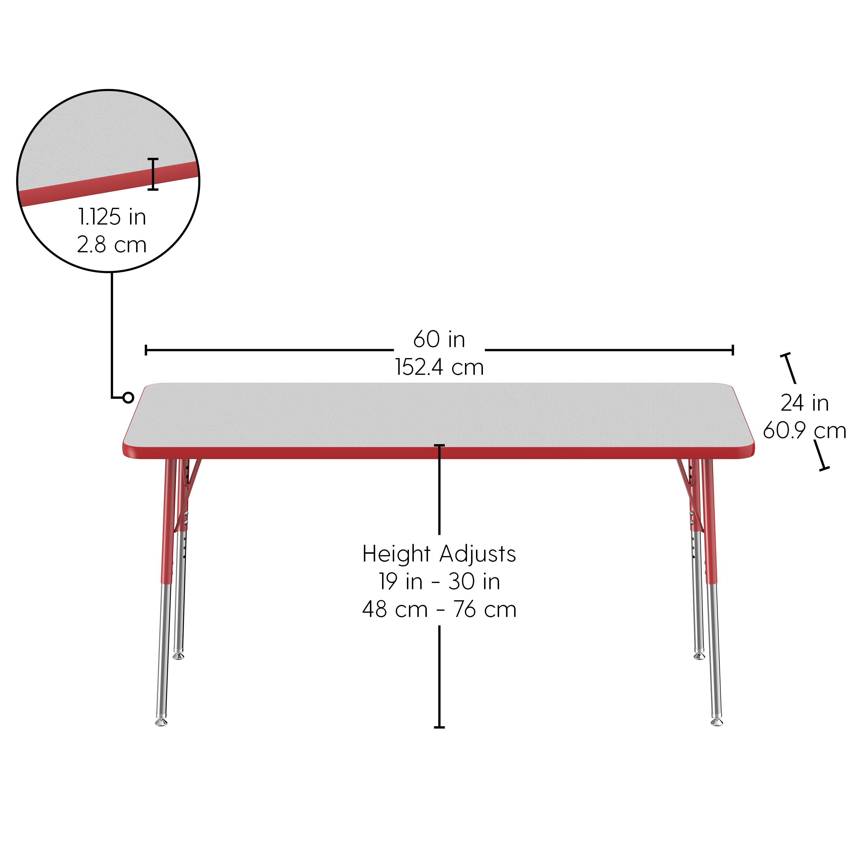 24" x 60" Rectangle T-Molding Activity Table with Adjustable Standard Swivel Glide Legs - Gray/Red