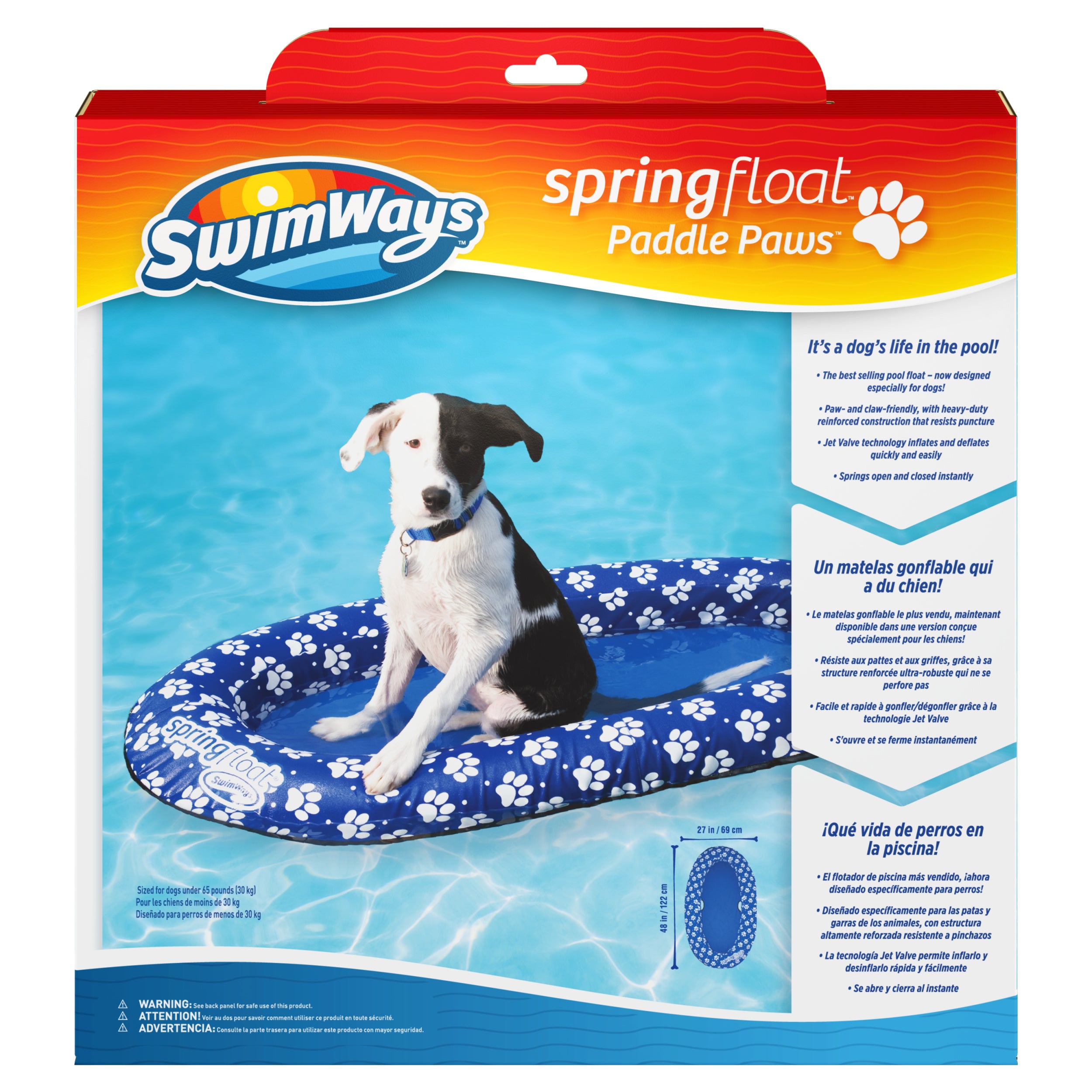 SwimWays Paddle Paws Spring Float Dog Raft, Portable Inflatable Dog Pool Floats with Carrying Case, Small 0-65 lbs, Blue