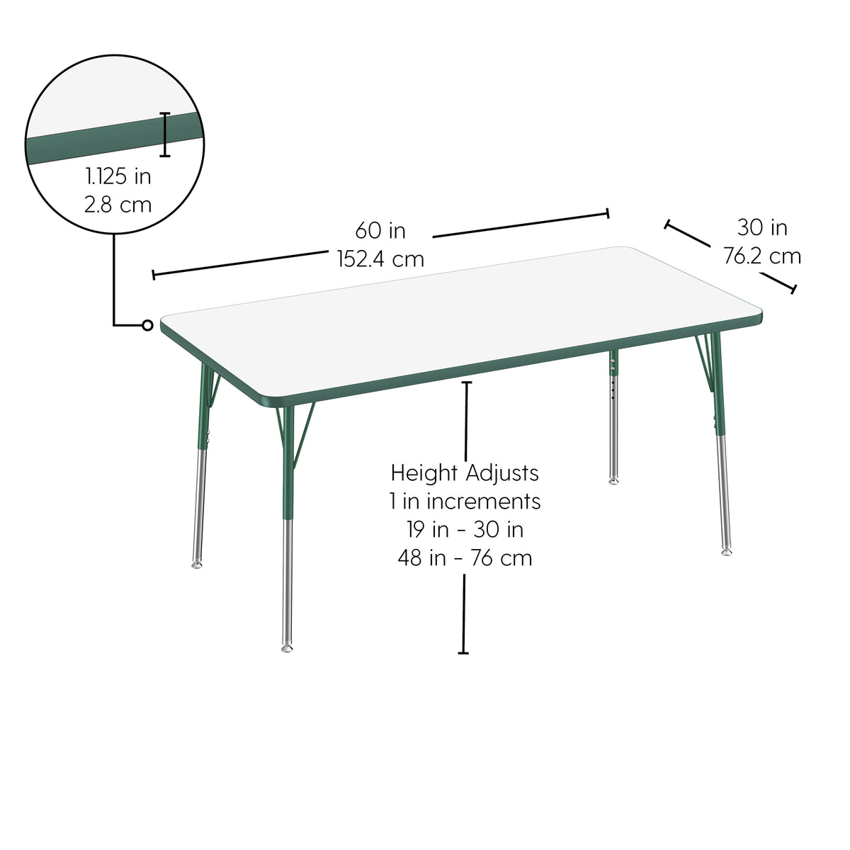 30" x 60" Rectangle Dry-Erase Activity Table with Adjustable Standard Swivel Glide Legs - Whiteboard/Green
