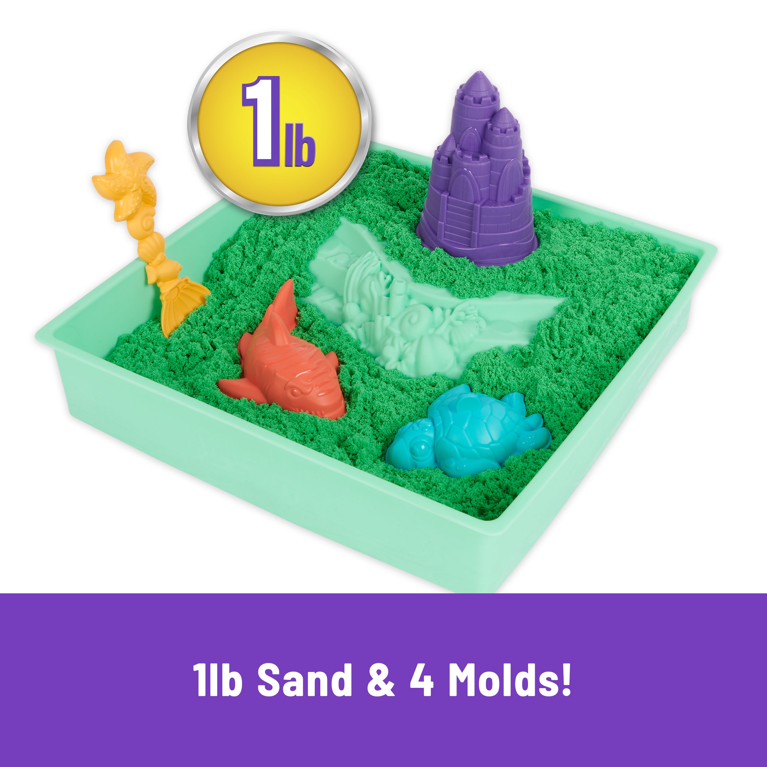 Kinetic Sand, Sandbox Set with 1lb Green Play Sand, 4 Tools & Molds, Storage, Sensory Toys for Kids Ages 3 and up