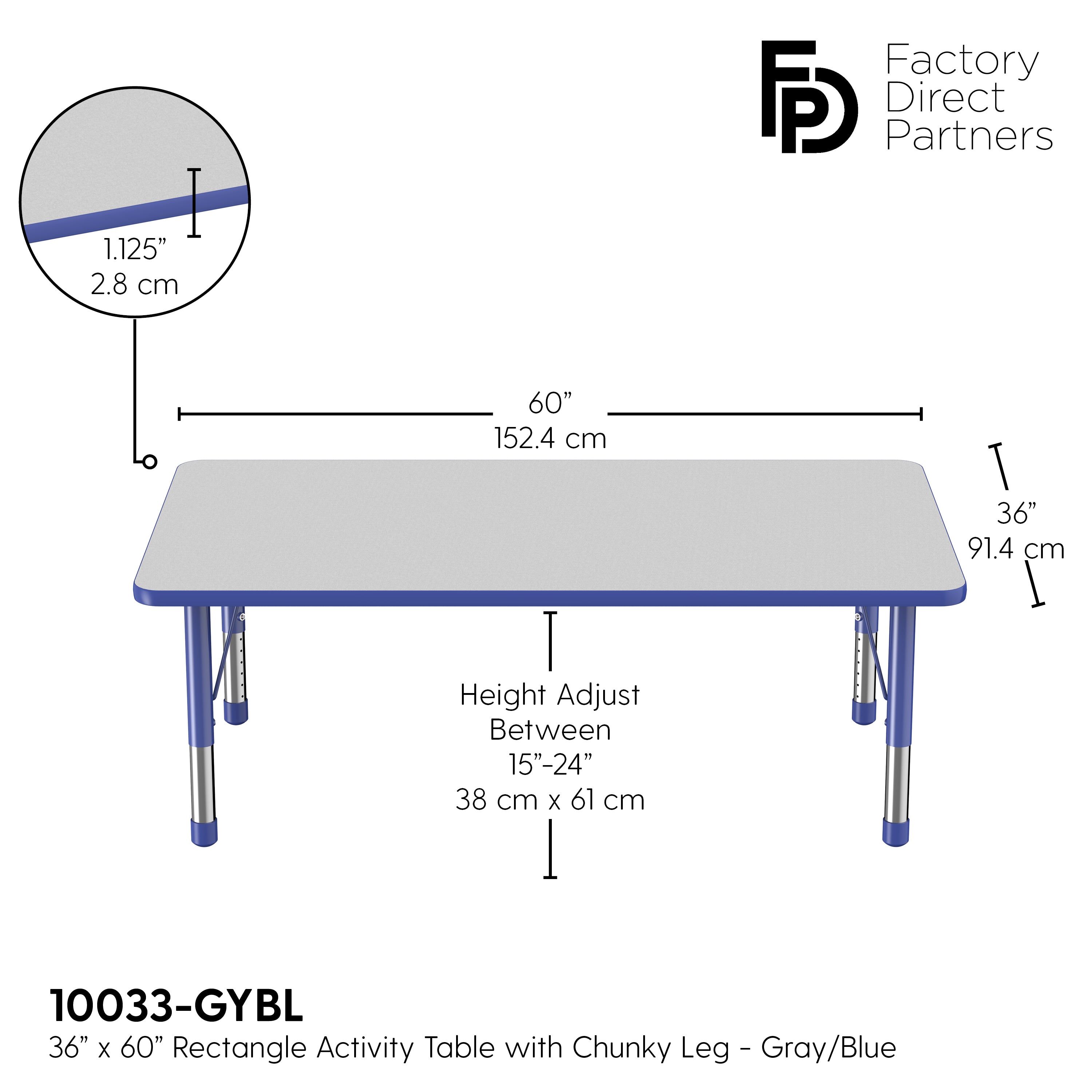 36" x 60" Rectangle T-Molding Activity Table with Adjustable Chunky Legs - Gray/Blue