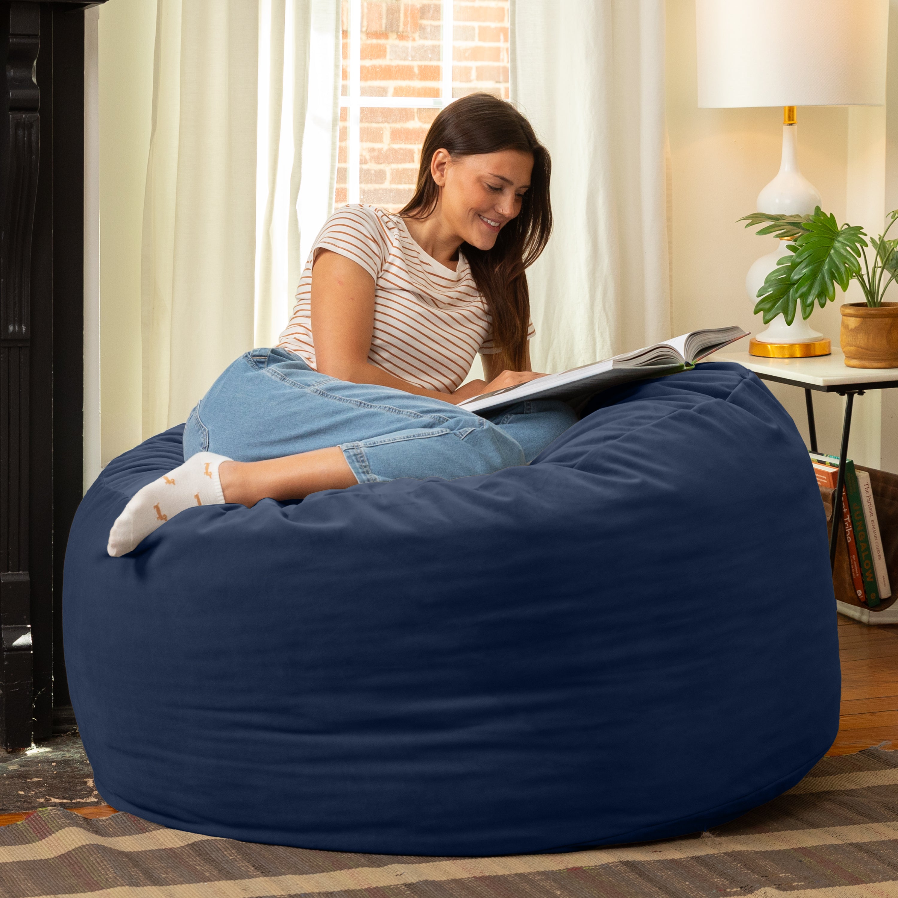 Jaxx 4 Foot Saxx - Large Round Bean Bag Chair for Adults - Lush Velvet Navy Blue