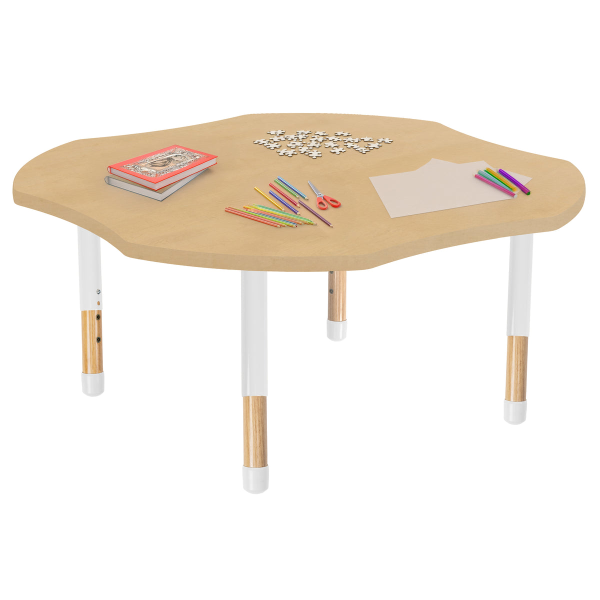 48" x 48" Clover Thermofused Activity Table with Adjustable Chunky Wood Legs - Maple Grain/White/Natural