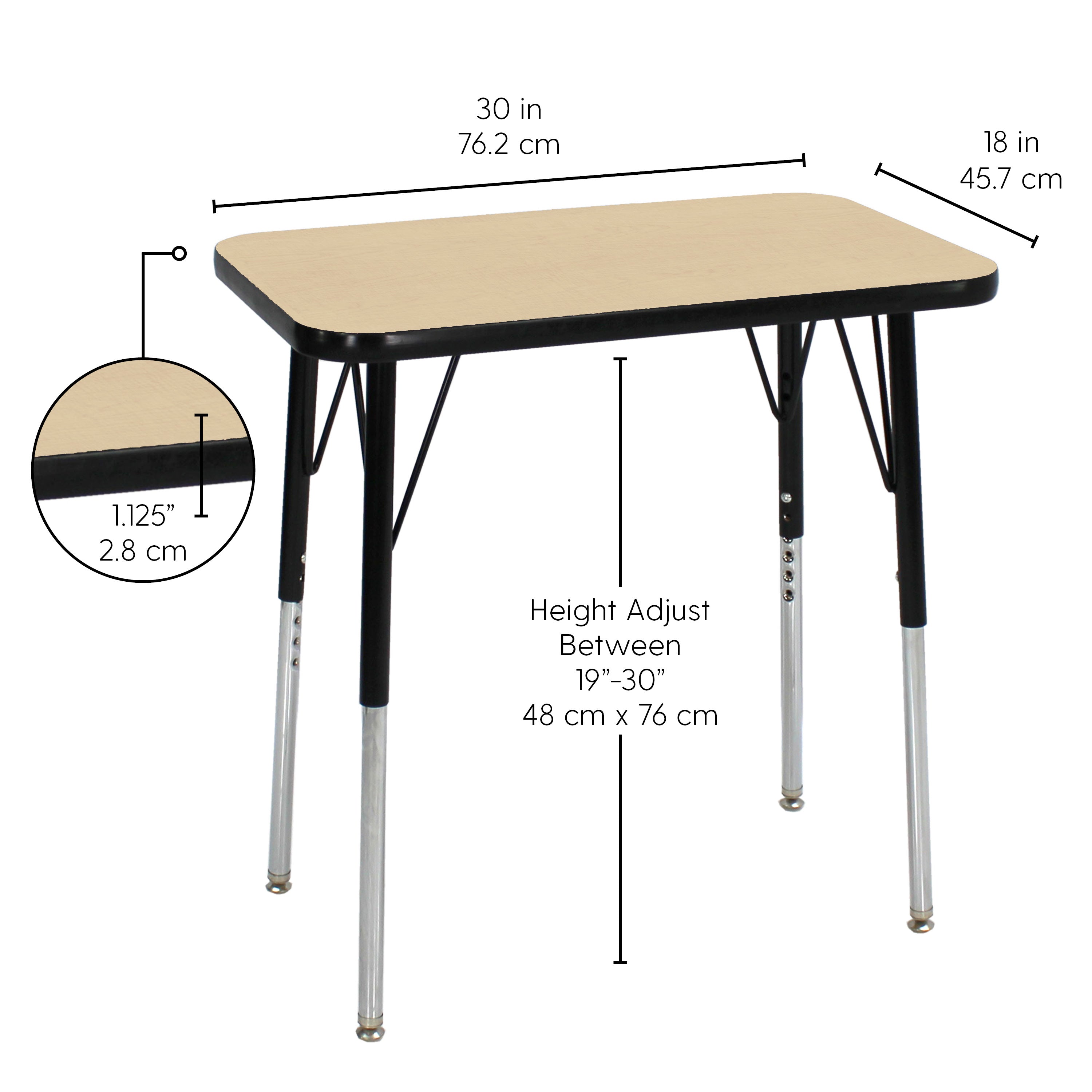 18" x 30" Rectangle T-Molding Activity Table with Adjustable Standard Swivel Glide Legs - Maple/Black