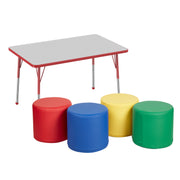 30" x 48" Rectangle T-Molding Activity Table with Standard Ball Legs and Round Ottomans 16" Height, 5-Piece Set - Gray/Red/Assorted