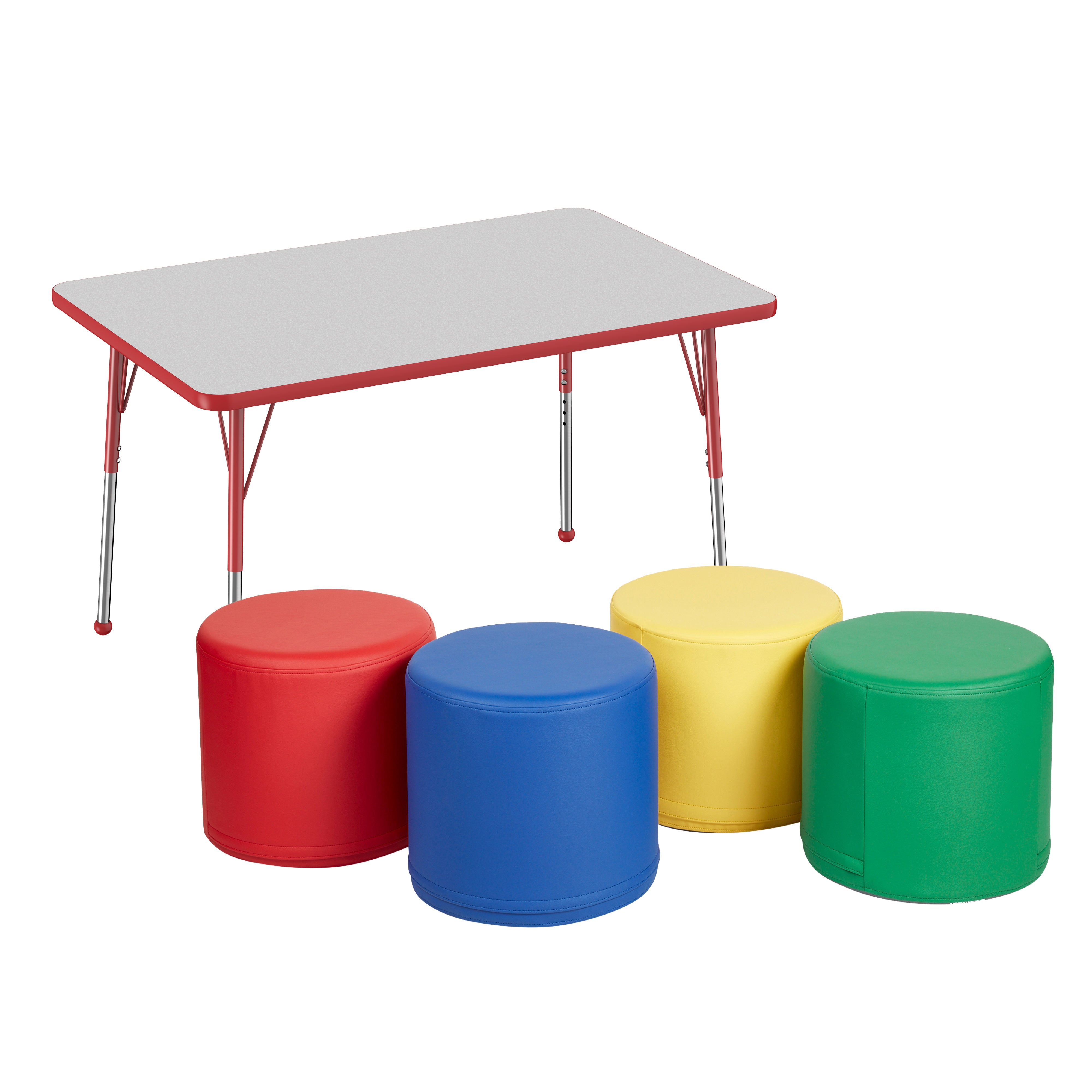30" x 48" Rectangle T-Molding Activity Table with Standard Ball Legs and Round Ottomans 16" Height, 5-Piece Set - Gray/Red/Assorted