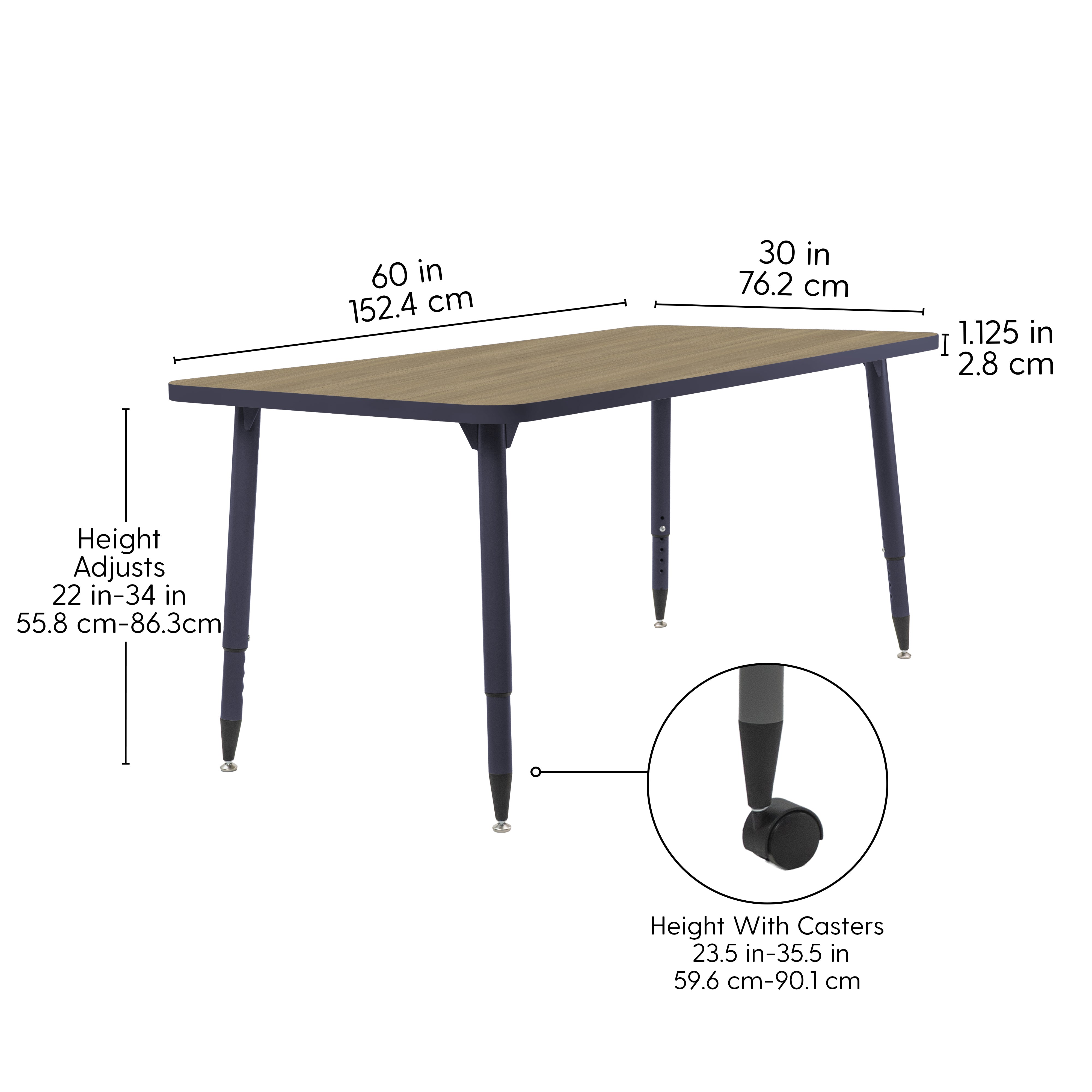 Adapte 30" x 60" Rectangle Thermofused Activity Table with Adjustable Tapered Legs - Pasadena Oak/Navy