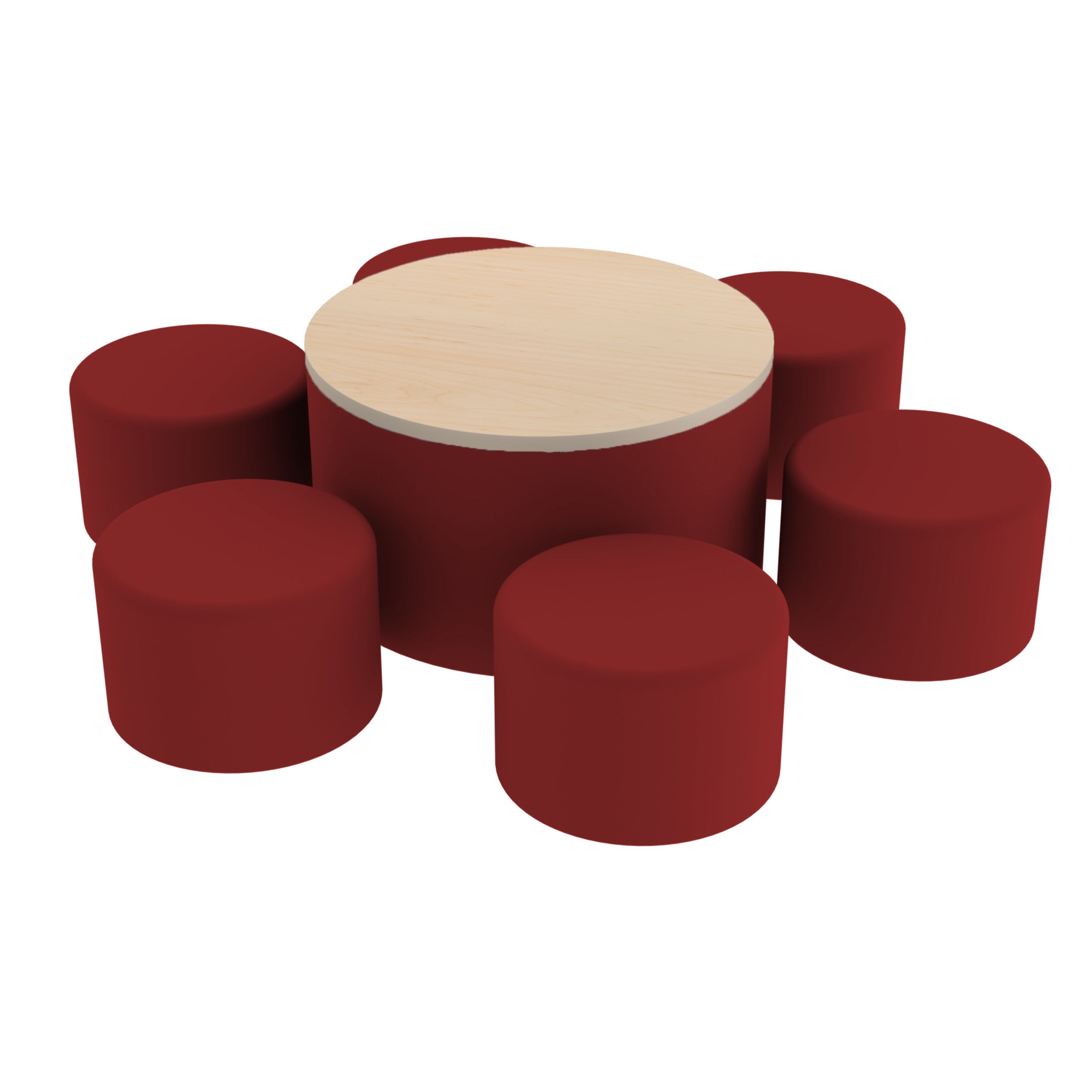 Pro Series 30" Round Ottoman Table with Round 12" H Seating, 7-Piece Set - Crimson/Maple