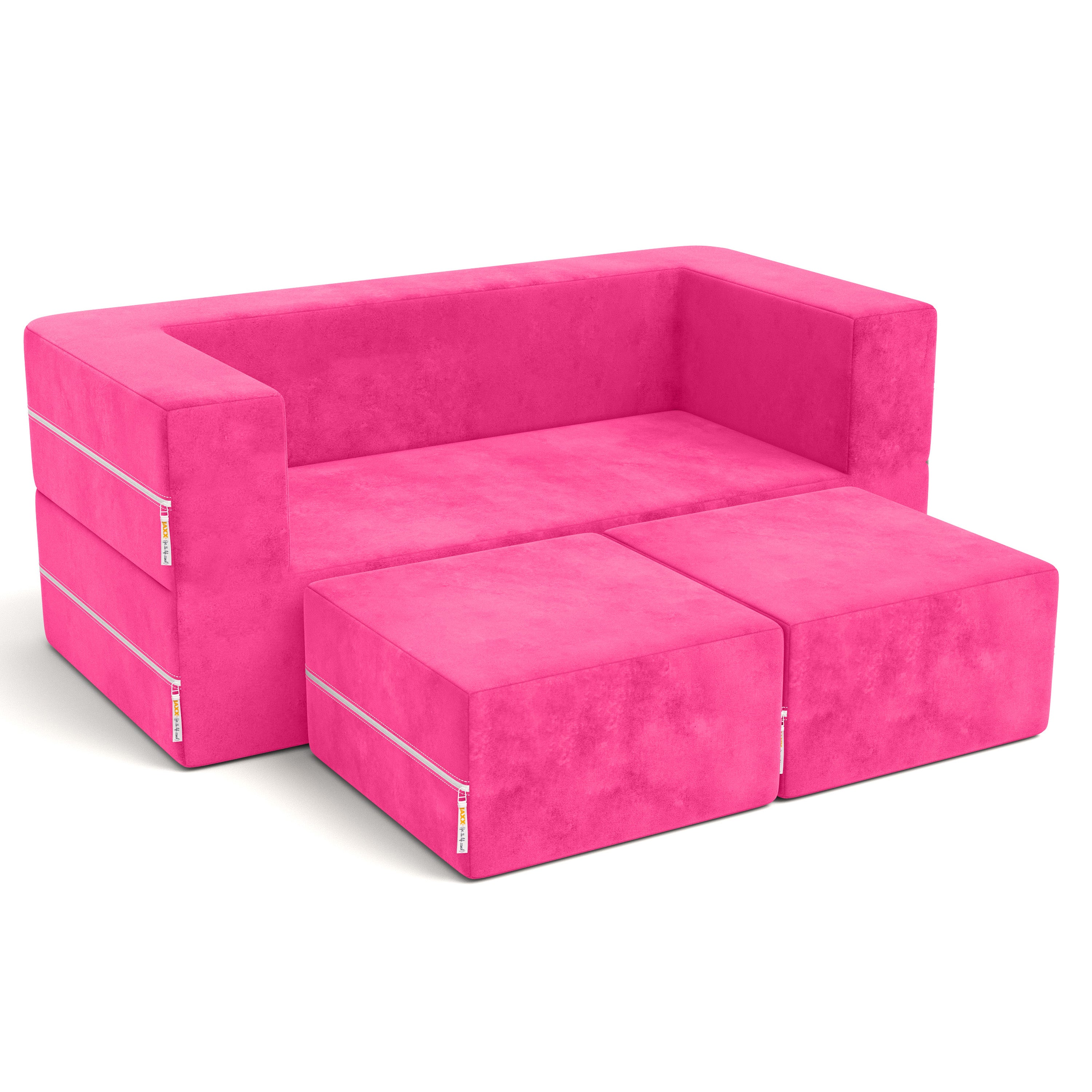 Jaxx Zipline Kids Modular Loveseat & Ottomans, Fold Out Lounger, Fuchsia
