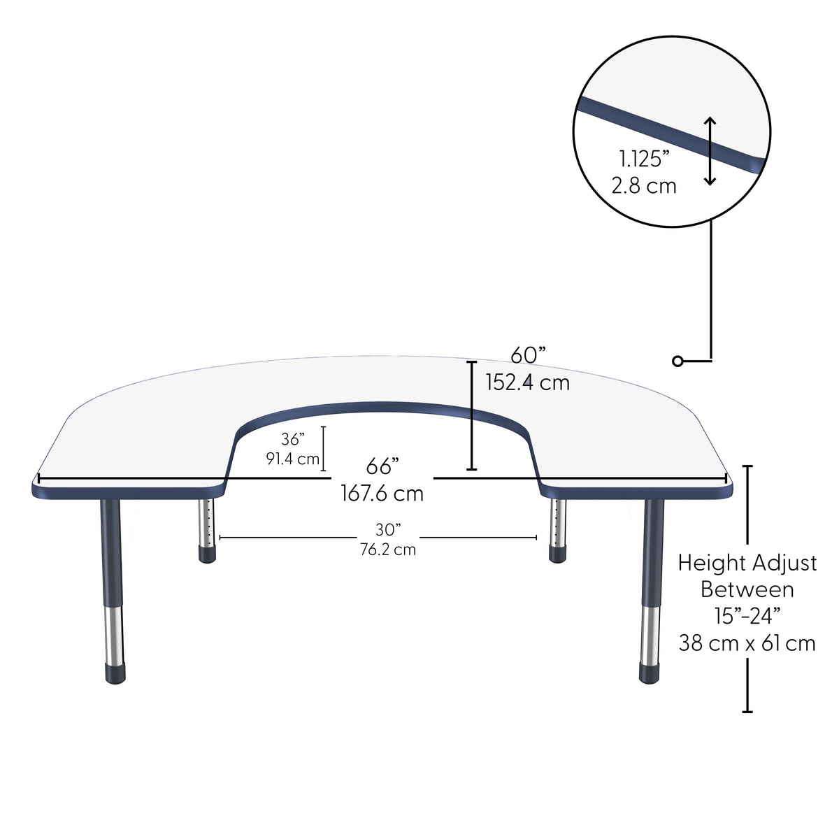 60" x 66" Horseshoe Dry-Erase Activity Table with Adjustable Chunky Legs - Whiteboard/Navy