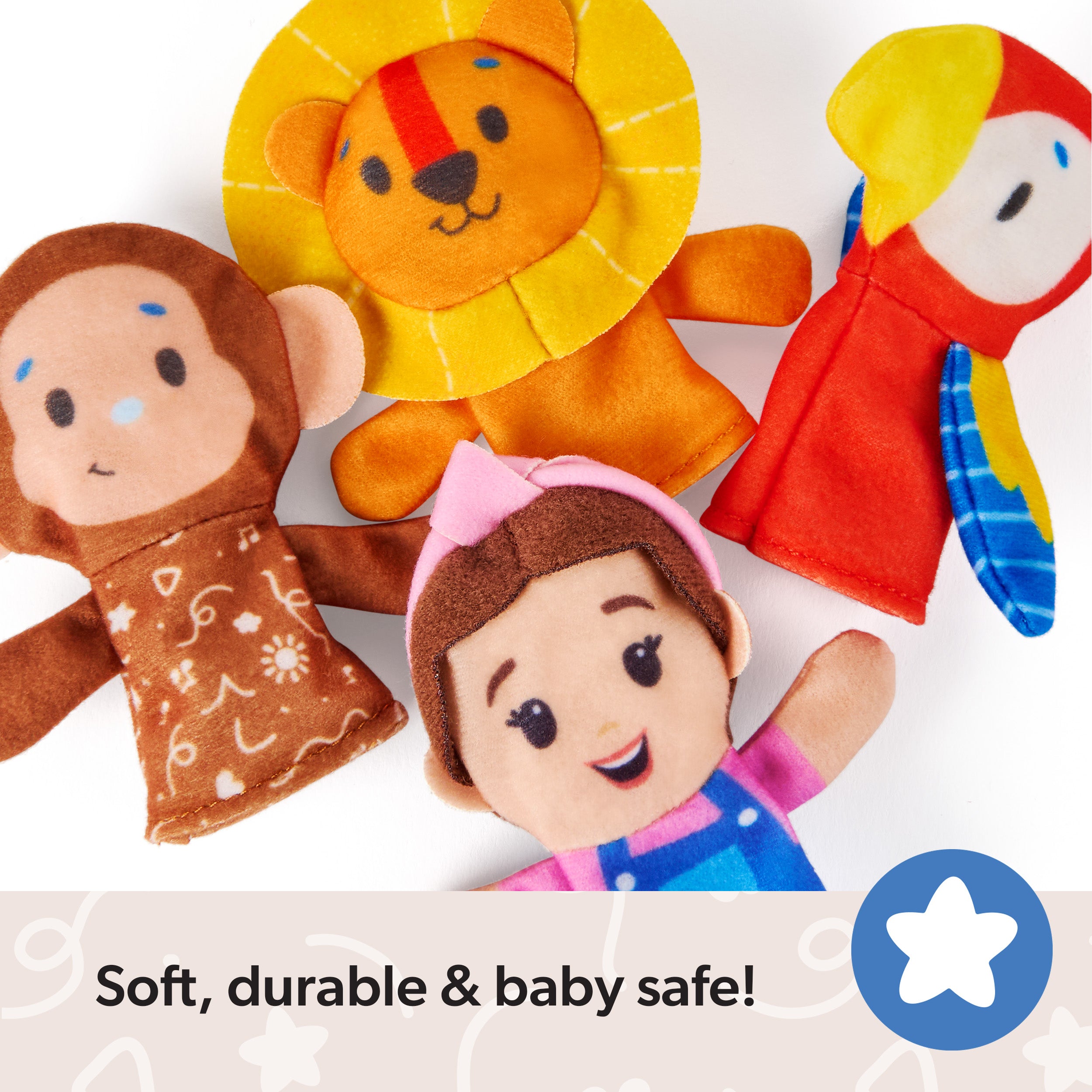 Ms. Rachel Finger Puppets Zoo Friends 4-Pack, Lion, Monkey & Parrot, Educational Toys & Animal Puppets, Toddler Toys for Girls & Boys Ages 6 Months-2+