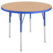 36" Round T-Molding Activity Table with Adjustable Standard Swivel Glide Legs - Maple/Blue