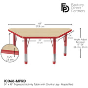 24" x 48" Trapezoid T-Molding Activity Table with Adjustable Chunky Legs - Maple/Red