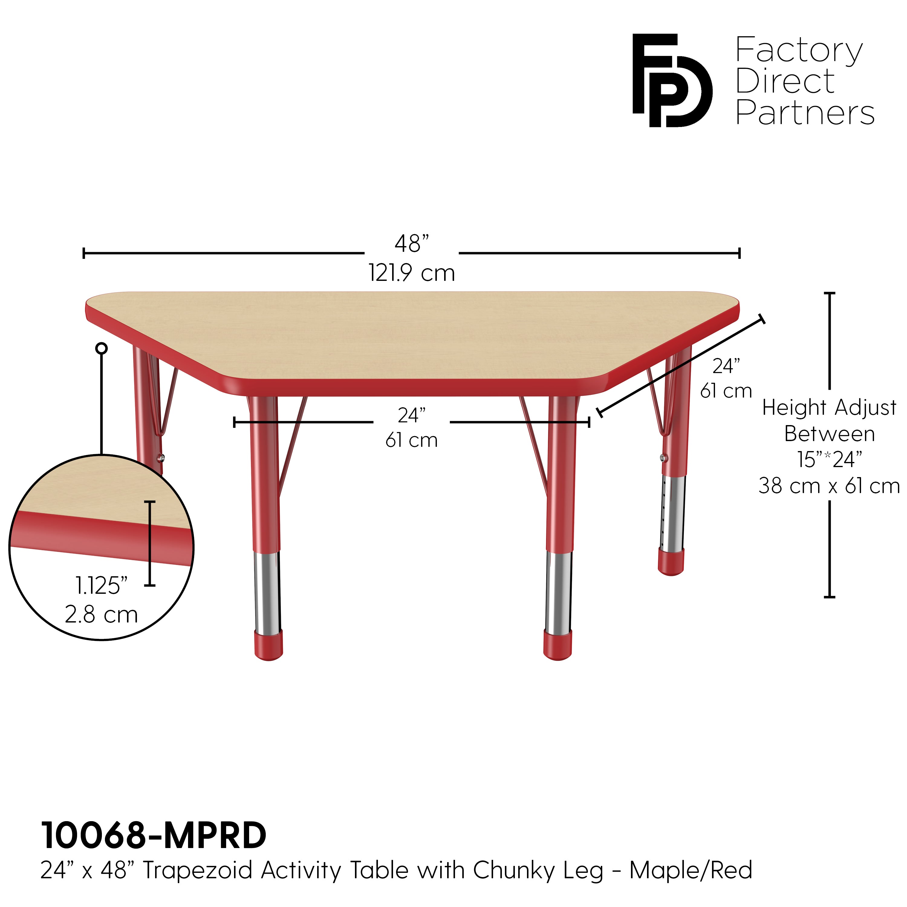 24" x 48" Trapezoid T-Molding Activity Table with Adjustable Chunky Legs - Maple/Red