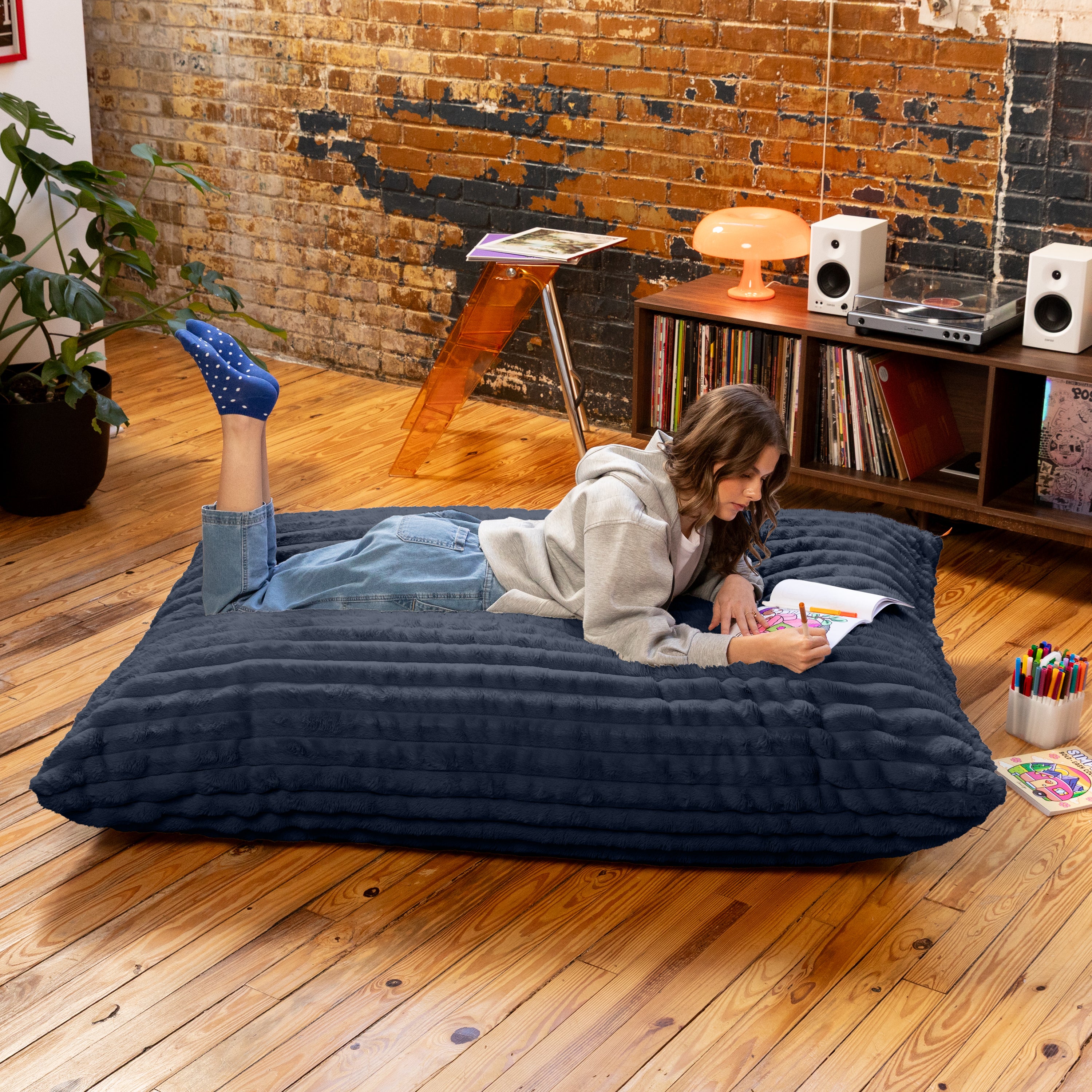 Pillow Saxx Bean Bag Rocking Chair - Elegant Oversized Rocker with Modern Wood Frame, Mondo Fur Midnight Blue