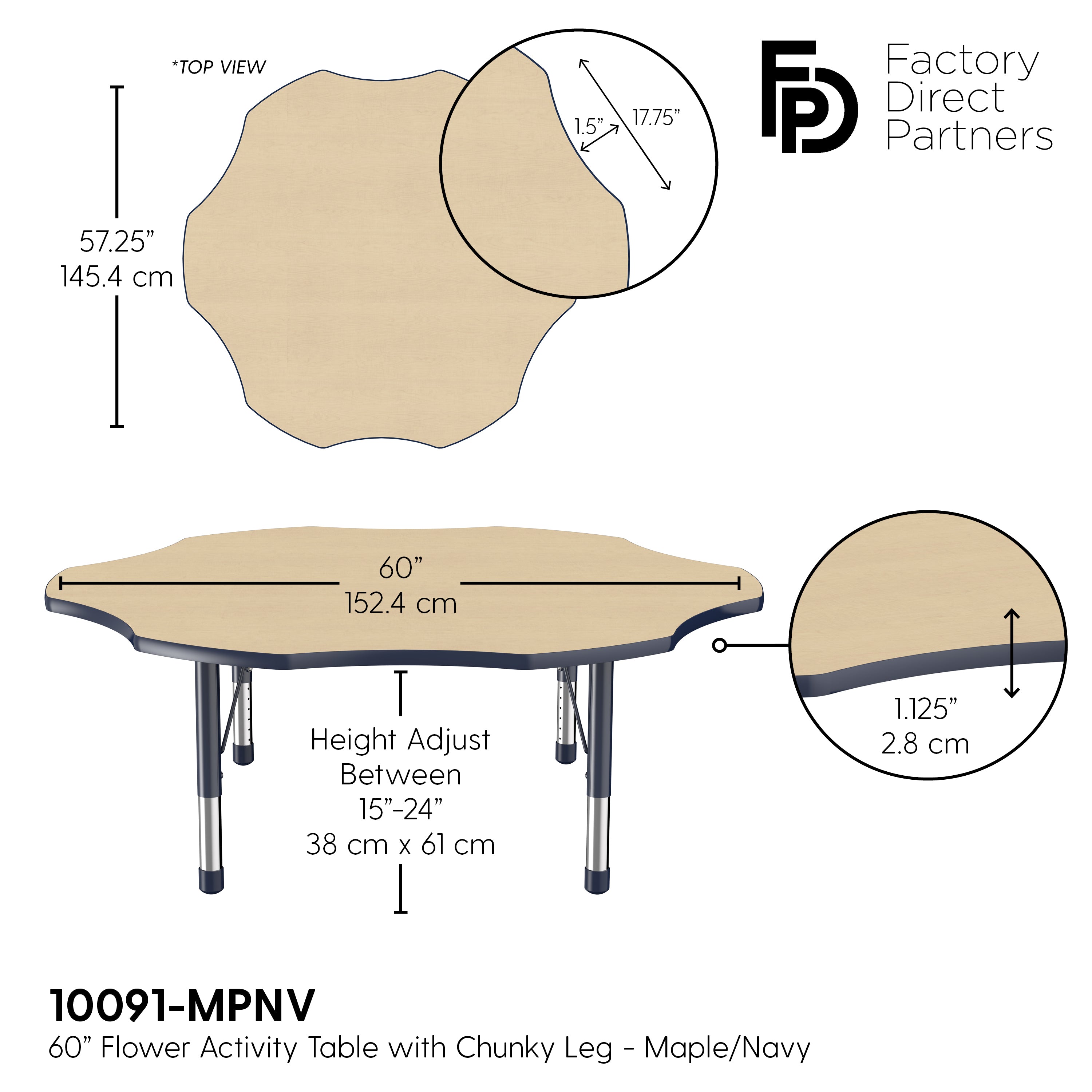 60" x 60" Flower T-Molding Activity Table with Adjustable Chunky Legs - Maple/Navy