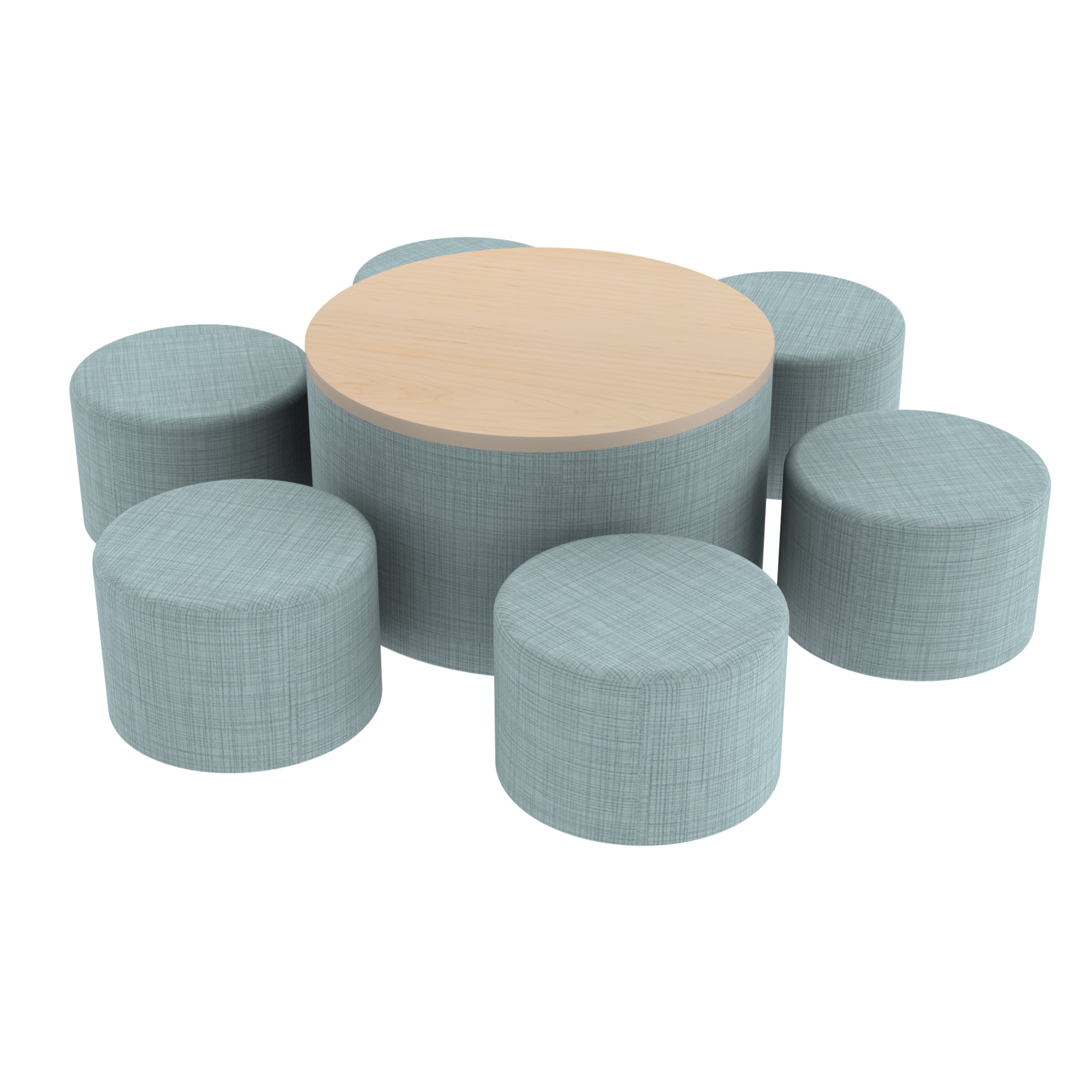 Pro Series 30" Round Ottoman Table with Round 12" H Seating, 7-Piece Set - Sky Blue Crosshatch/Maple