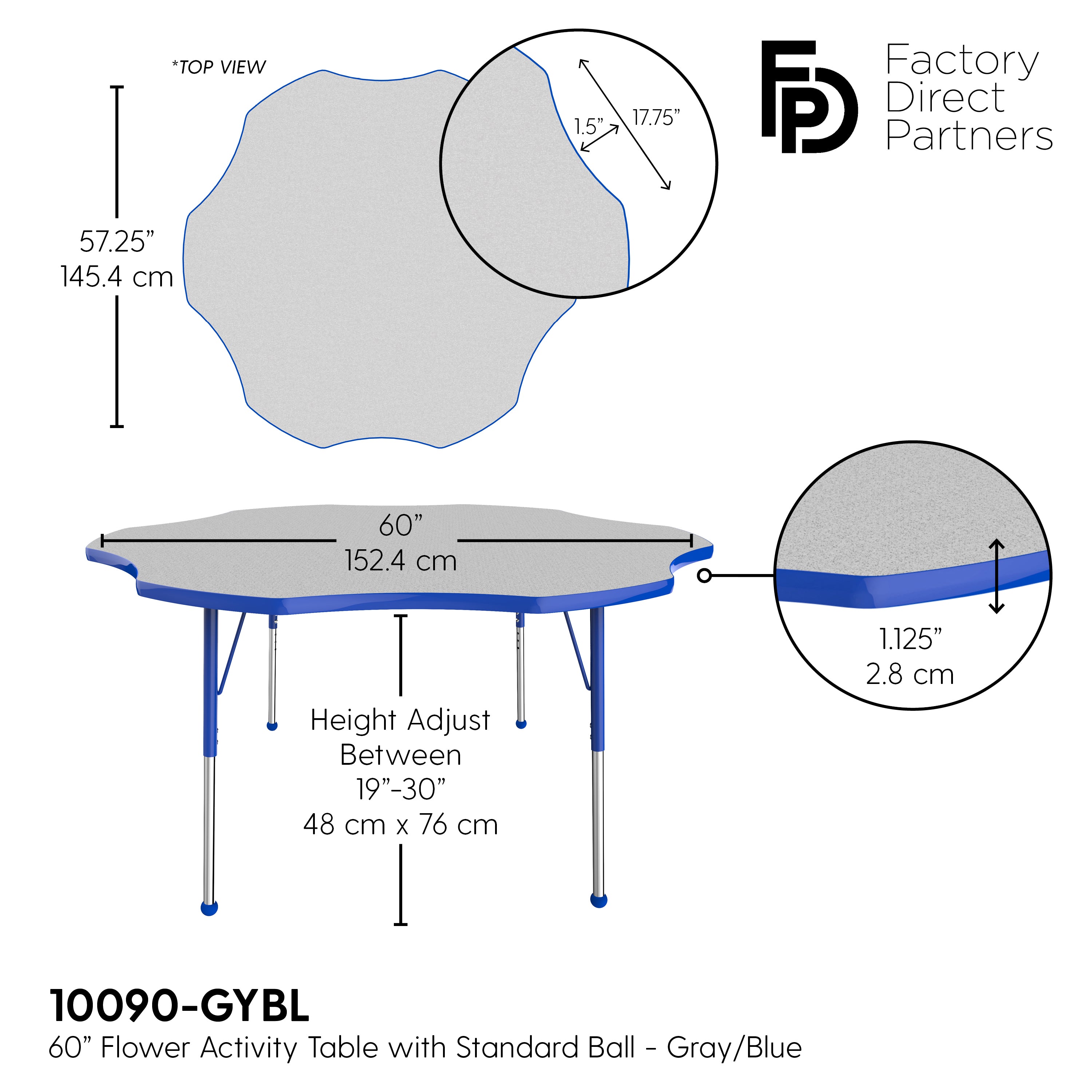 60" x 60" Flower T-Molding Activity Table with Adjustable Standard Ball Glide Legs - Gray/Blue