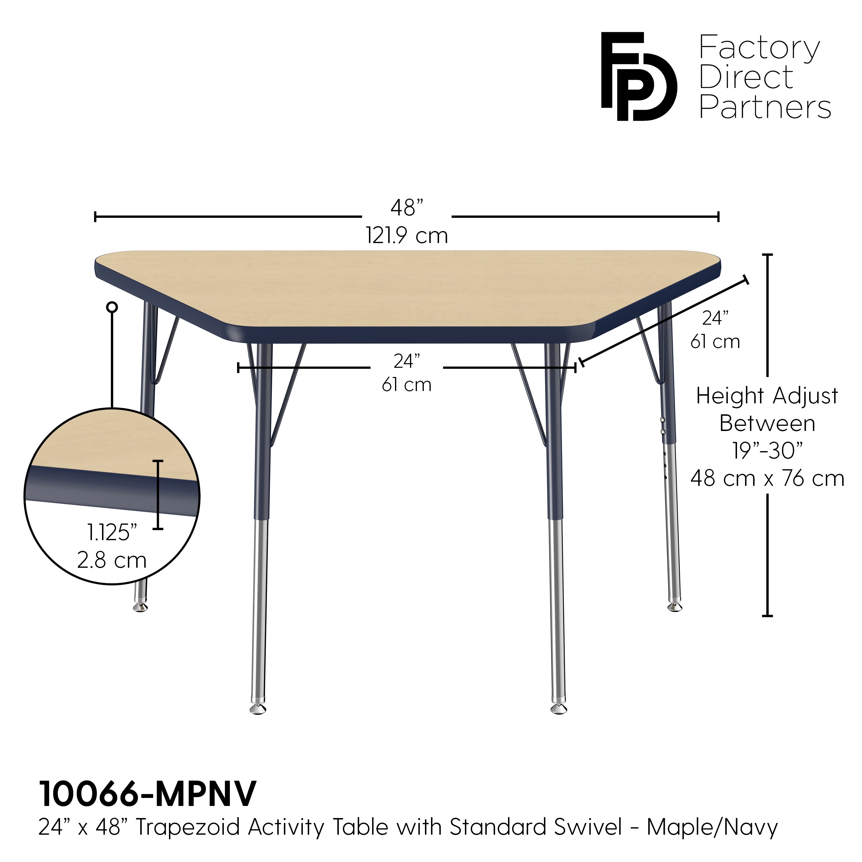 24" x 48" Trapezoid T-Molding Activity Table with Adjustable Standard Swivel Glide Legs - Maple/Navy