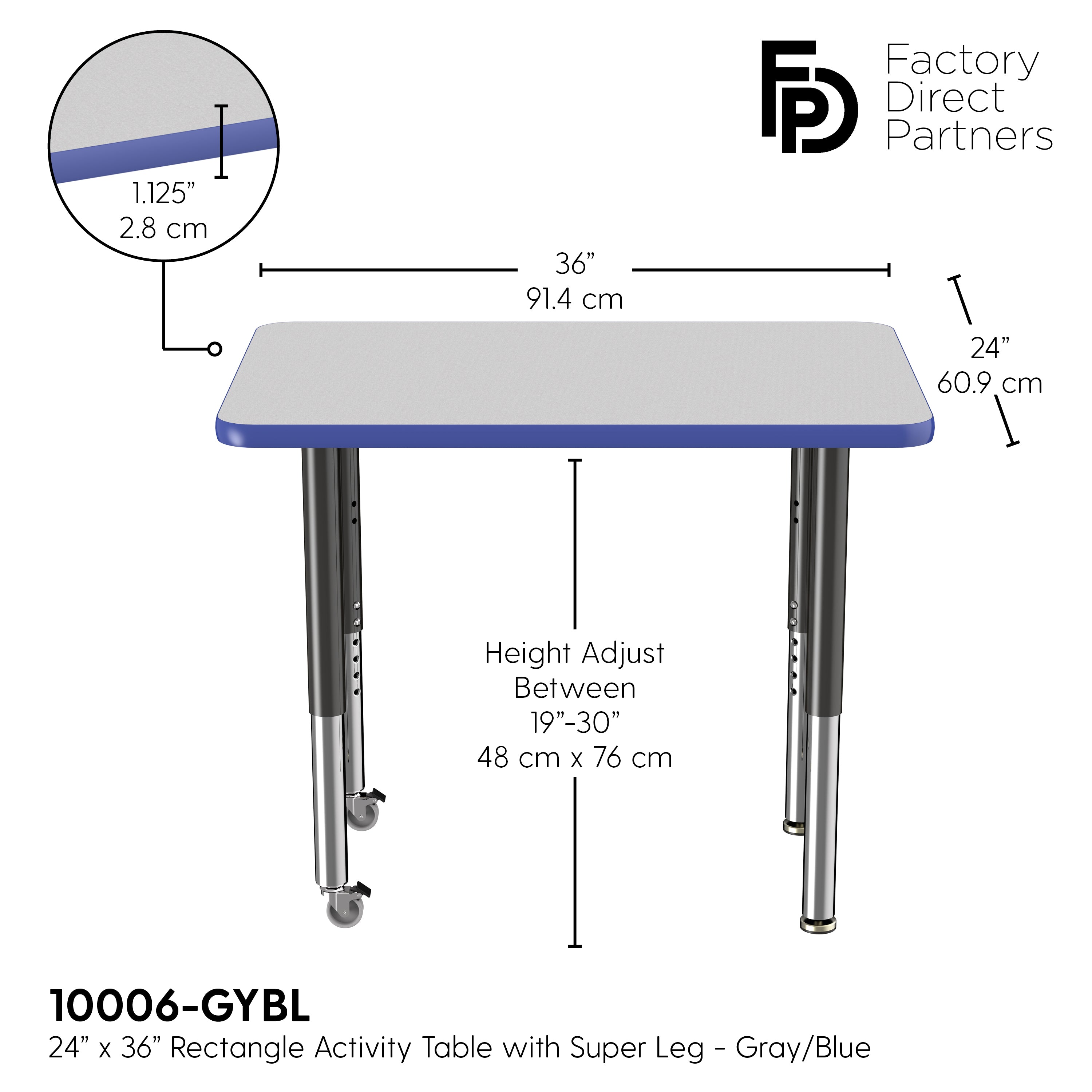 24" x 36" Rectangle T-Molding Activity Table with Adjustable Super Legs - Gray/Blue/Black