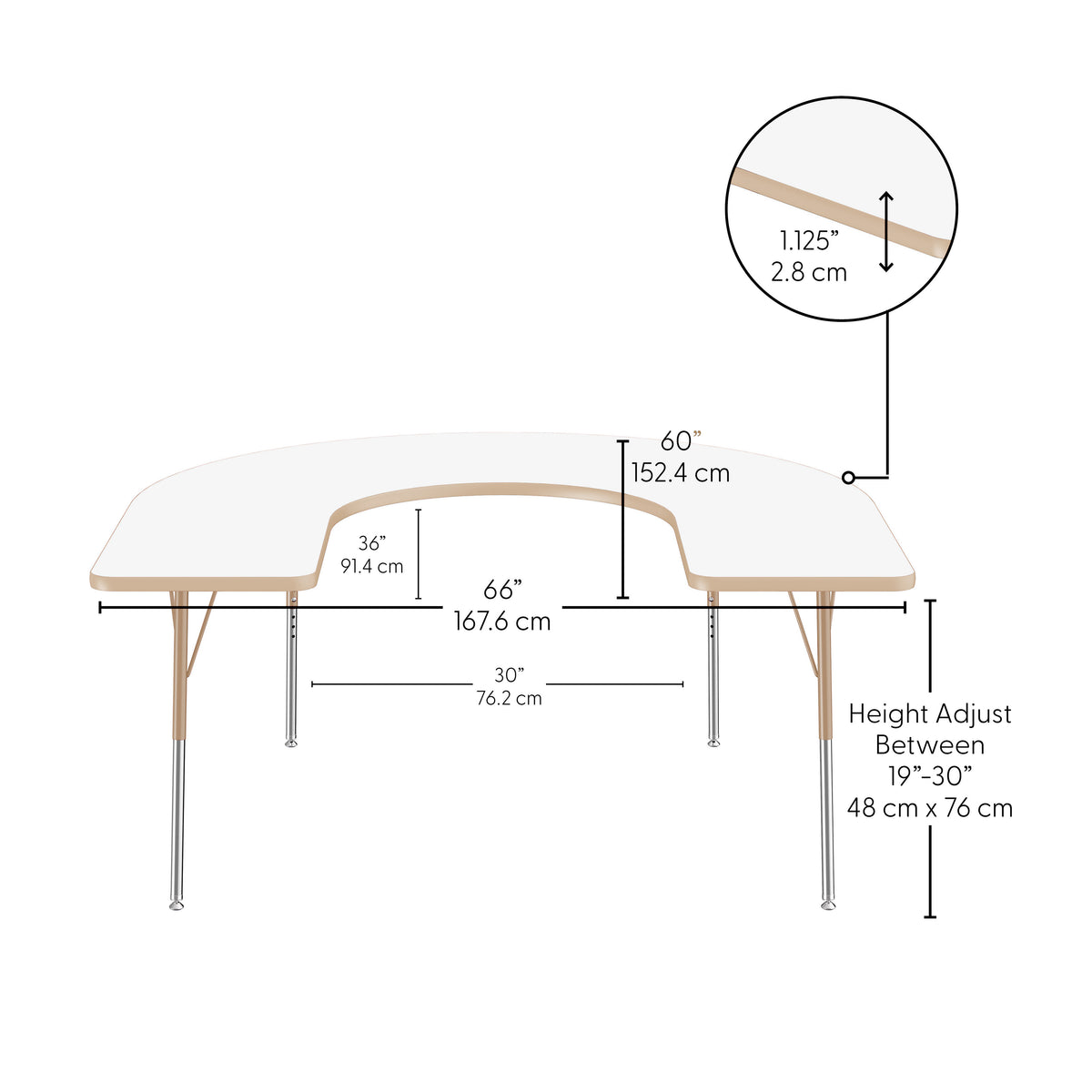 60" x 66" Horseshoe Dry-Erase Activity Table with Adjustable Standard Swivel Glide Legs - Whiteboard/Sand