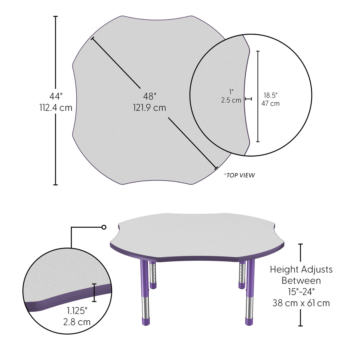 48" x 48" Clover T-Molding Activity Table with Adjustable Chunky Legs - Gray/Purple