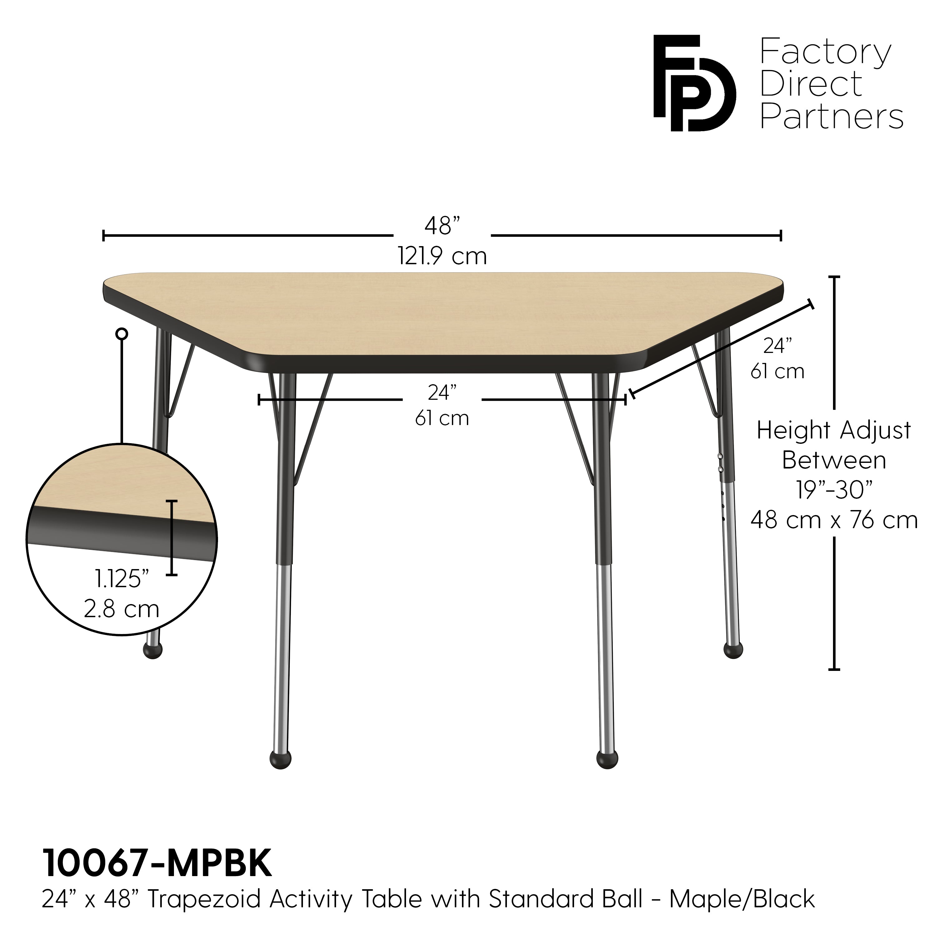 24" x 48" Trapezoid T-Molding Activity Table with Adjustable Standard Ball Glide Legs - Maple/Black