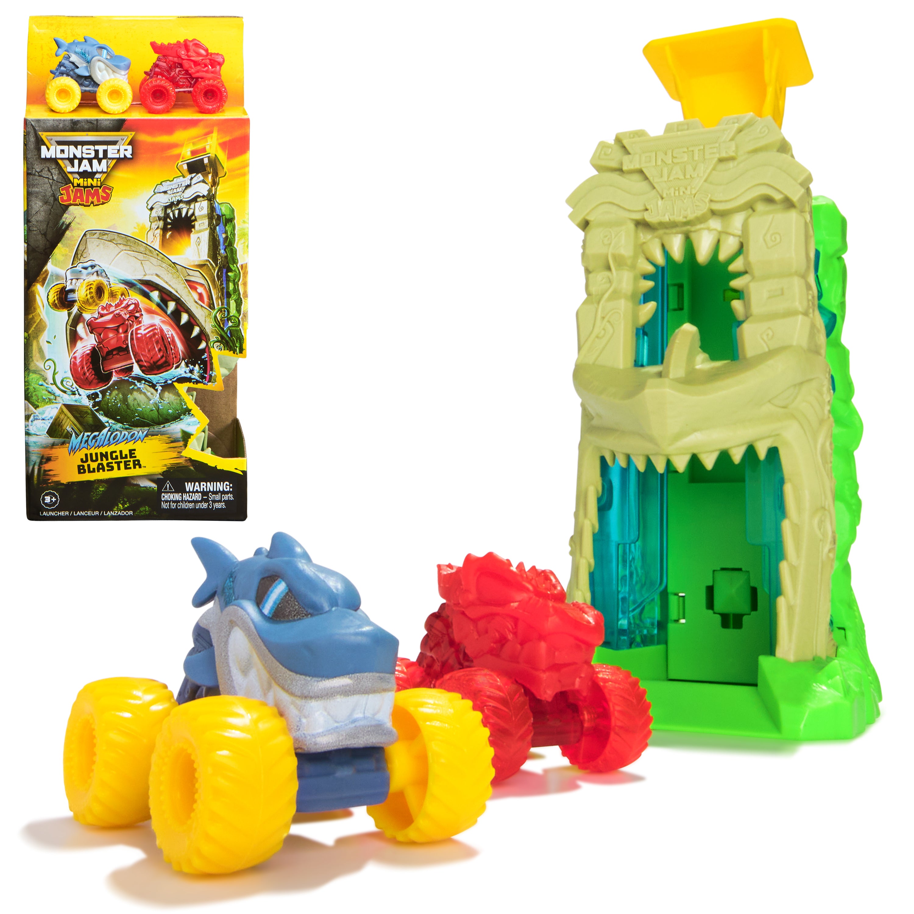 Monster Jam Mini Jams, Megalodon Jungle Blaster Launcher Playset, 2 Exclusive Die-Cast Monster Trucks & Accessory, Kids Toys for Boy and Girls Ages 3 and up