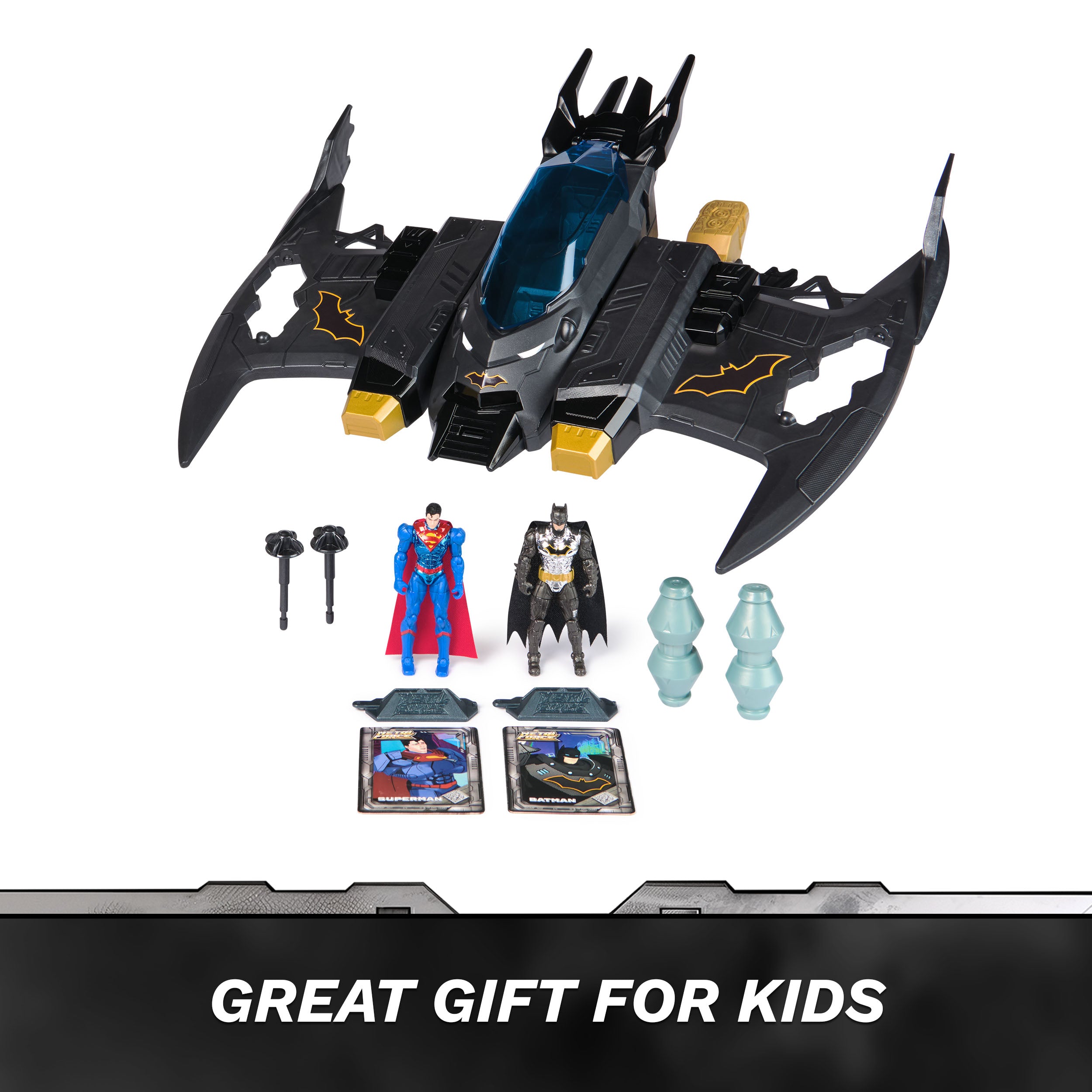 DC Comics, Metal Force Transforming Batwing, 2-in-1 Playset, Includes Batman and Superman Figures, with Projectiles and Character Cards, Kids Toy for Boys Ages 4 and Up