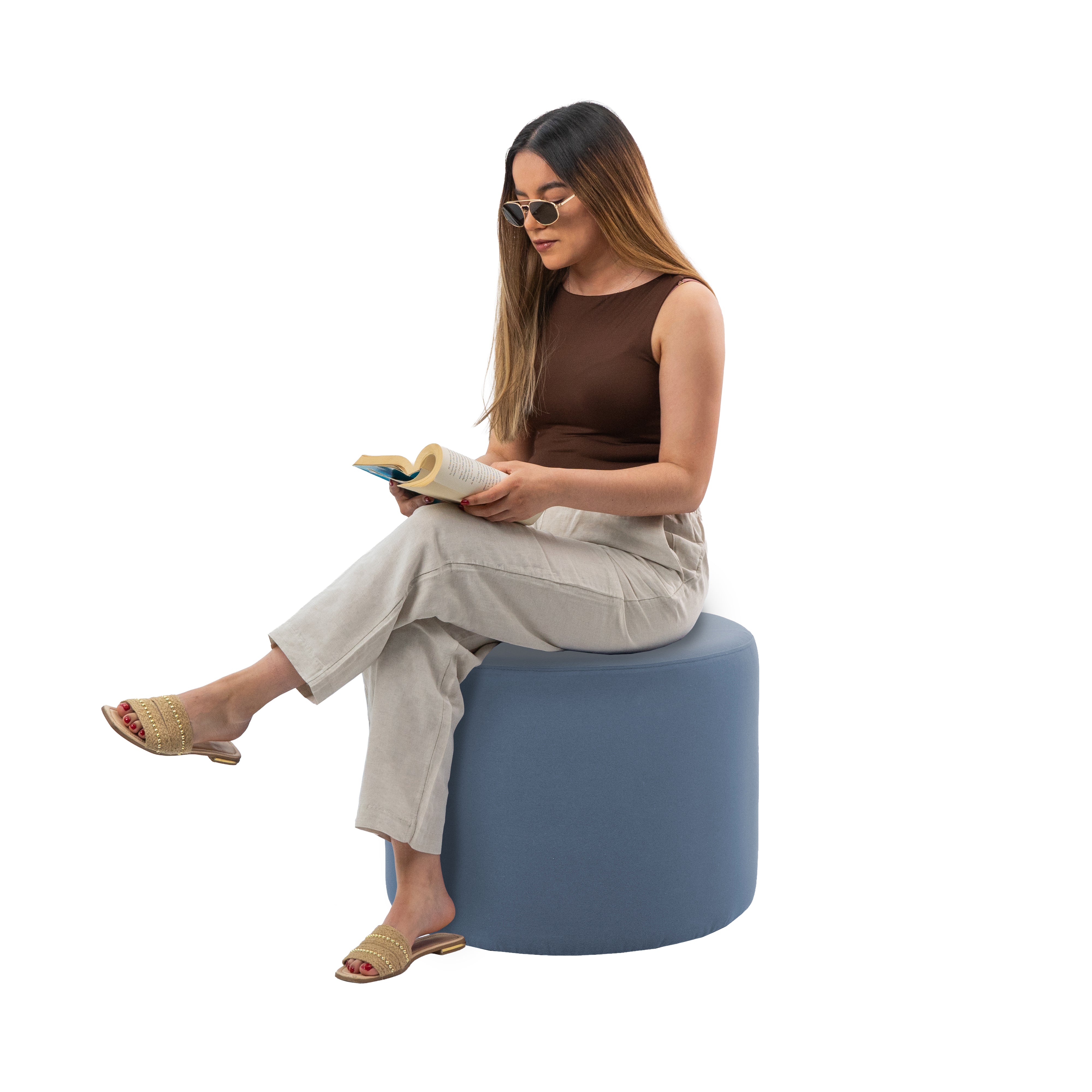 Outdoor 24" Round Ottoman with Sunbrella®, 18" H - Canvas Haze
