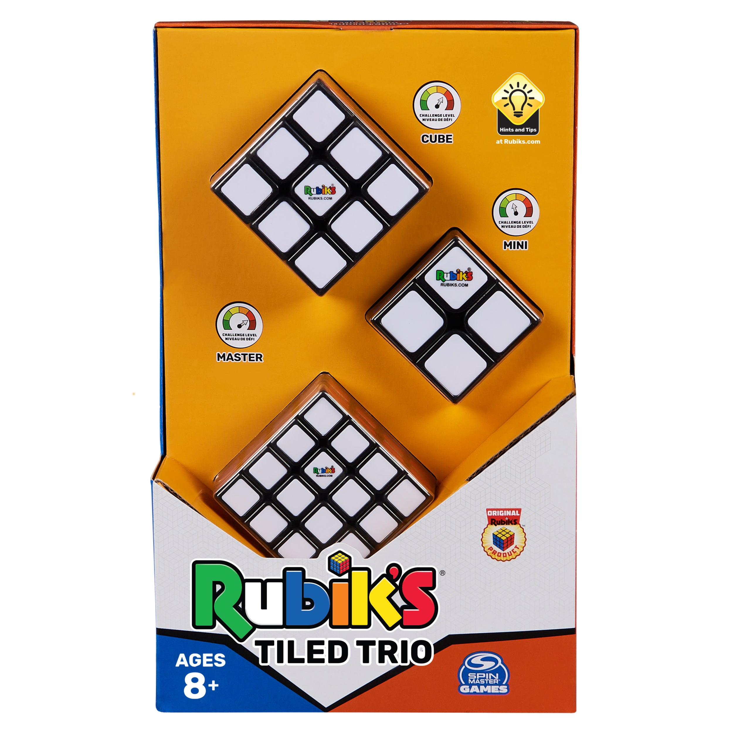 Rubik’s Cube, Tiled Trio Bundle 2x2 Mini 3x3 Cube 4x4 Master, Problem-Solving Brain Teaser, Classic Color-Matching Puzzle, Fidget Toy, Sensory Puzzle for Adults, Teens, Kids, Ages 8 & Up
