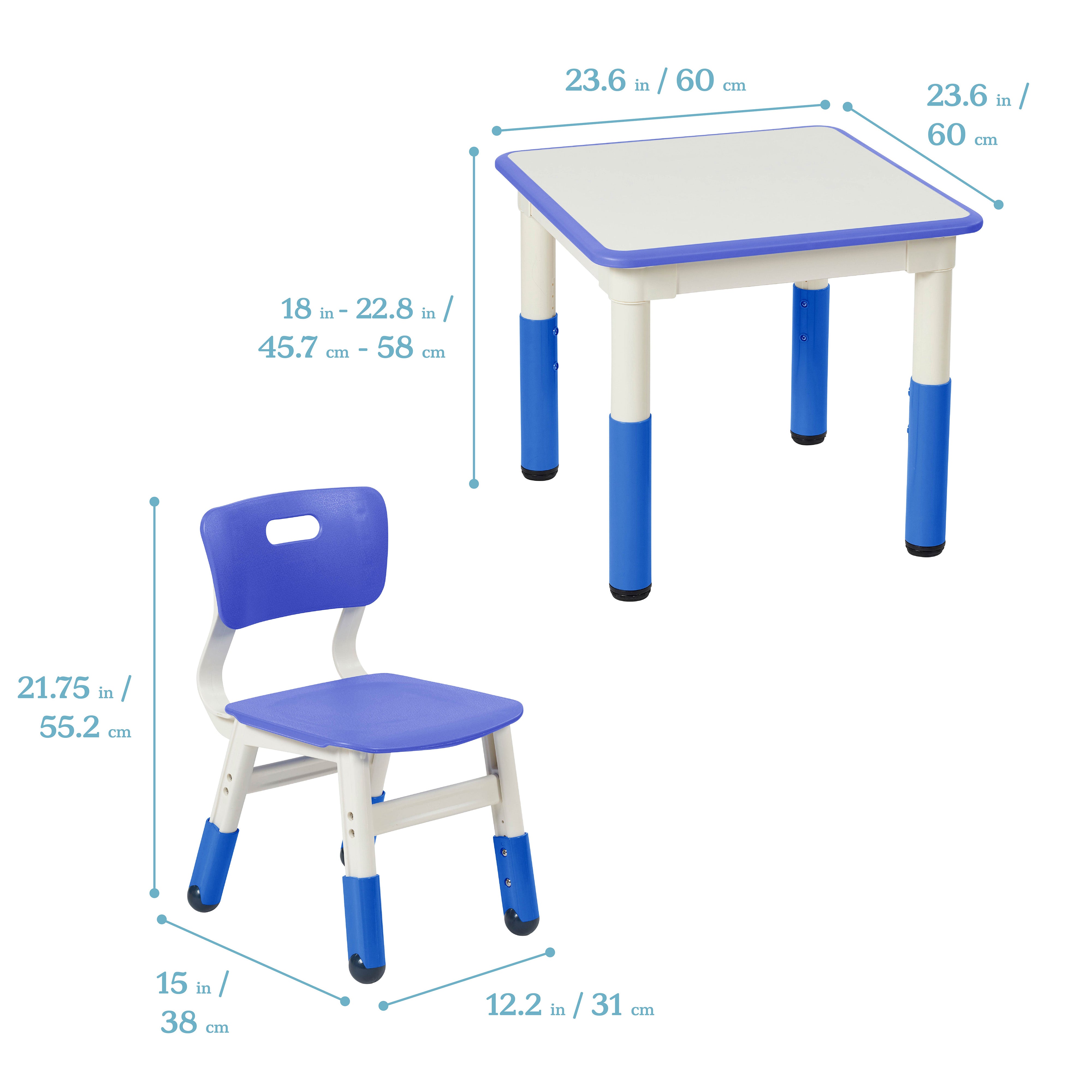 23in x 23in Square Dry-Erase Activity Table and 2 Adjustable Height Plastic Chairs - Blue