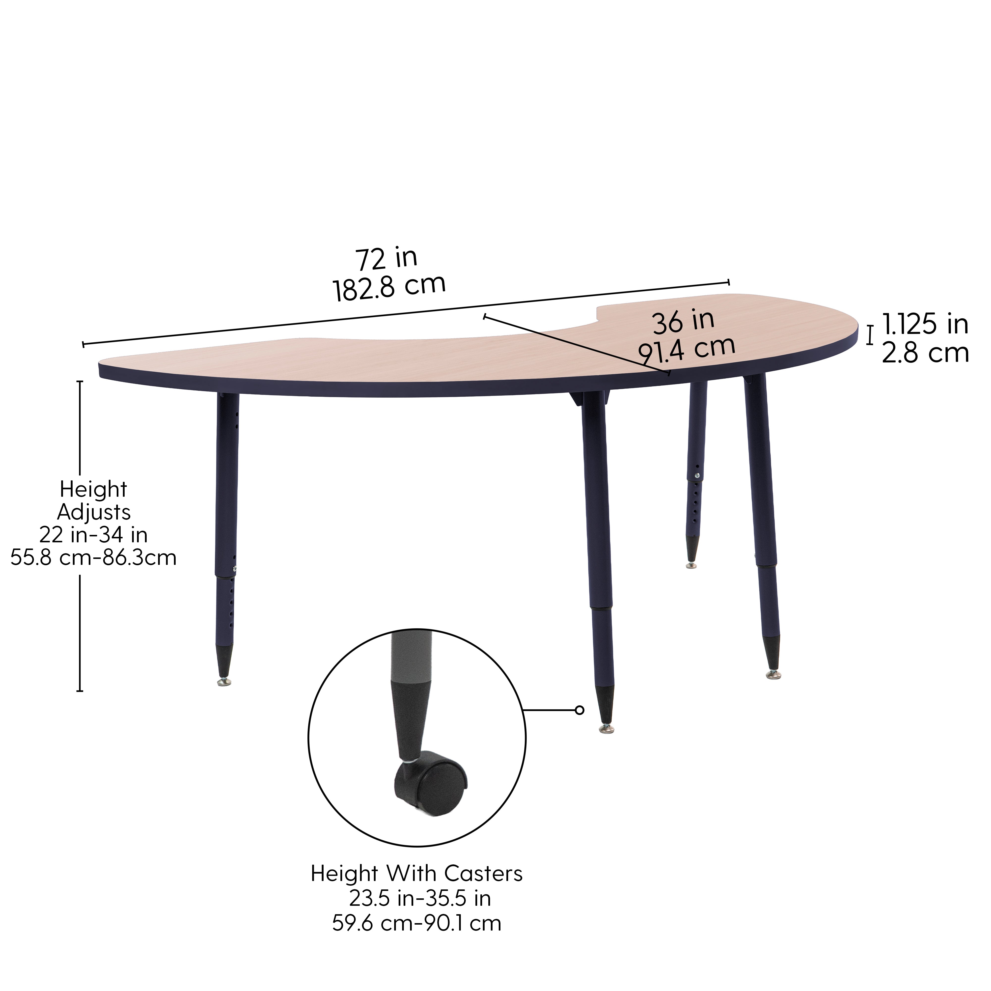 Adapte 36" x 72" Half Moon Thermofused Activity Table with Adjustable Tapered Legs - Asian Sand/Navy