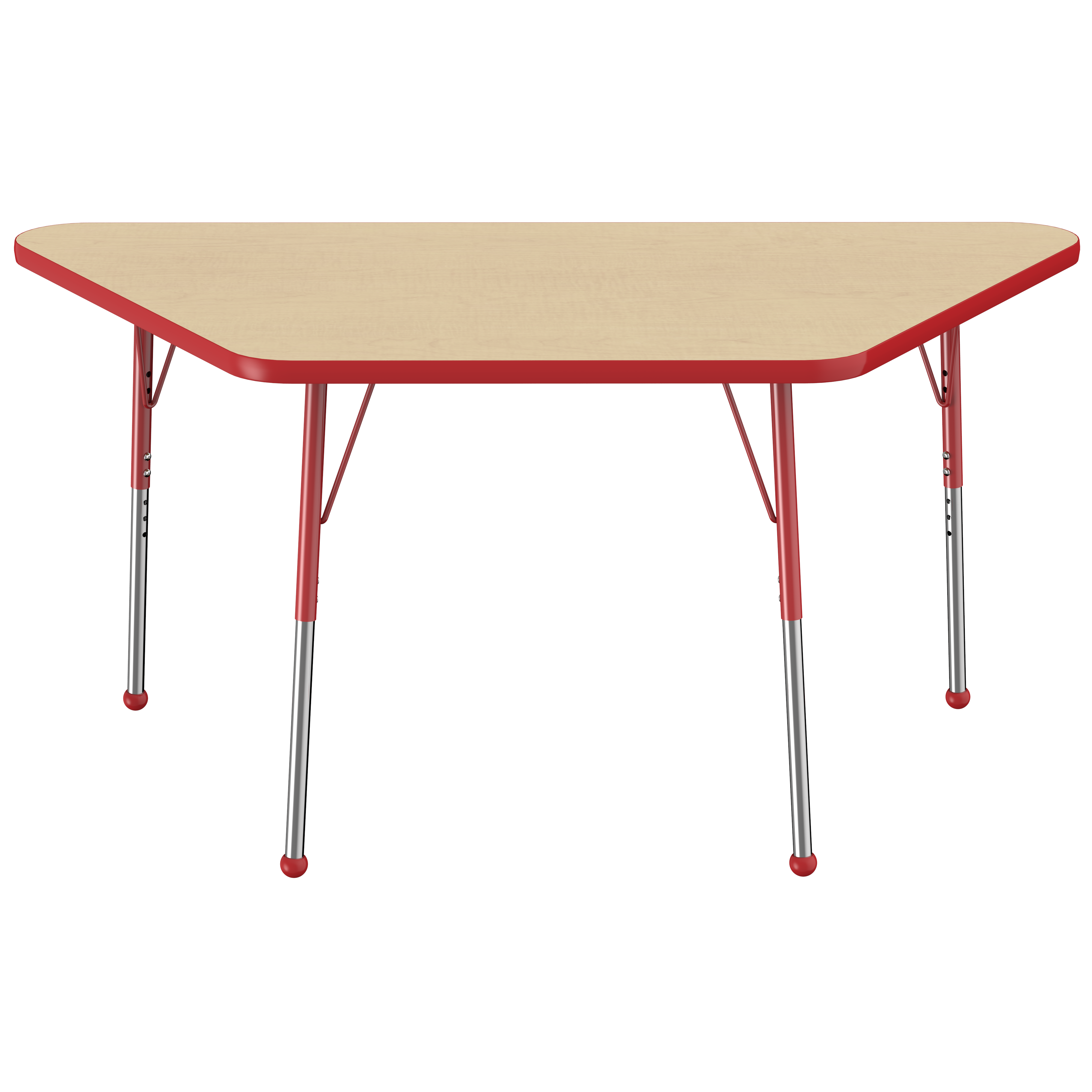 30" x 60" Trapezoid T-Molding Activity Table with Adjustable Standard Ball Glide Legs - Maple/Red