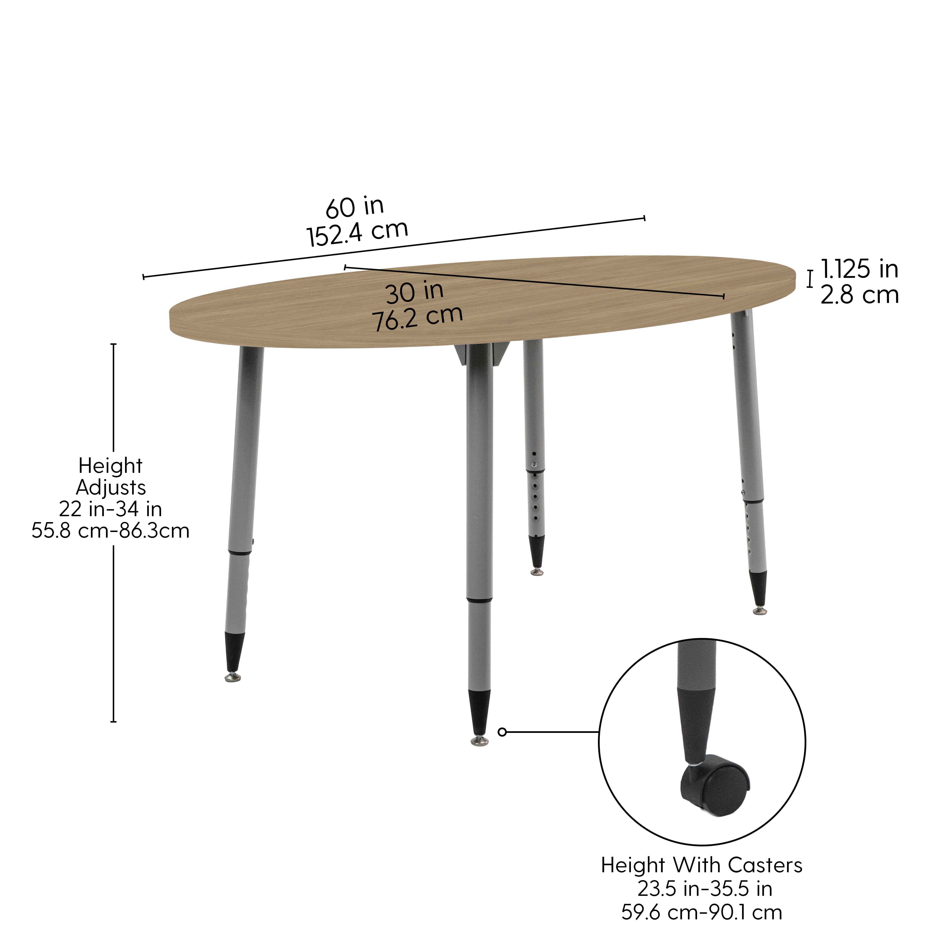 Adapte 30" x 60" Oval Woodgrain Activity Table with Adjustable Tapered Legs - Pasadena Oak/Silver